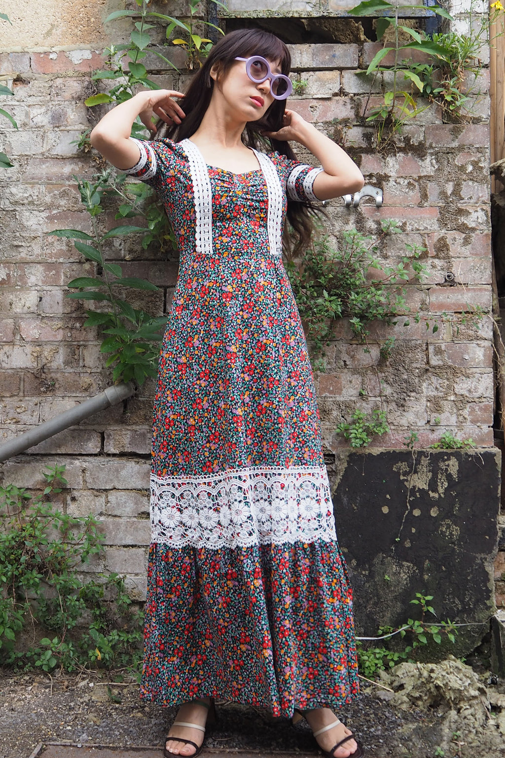 70's Betty Barclay Floral Dress Black/Red/Orange