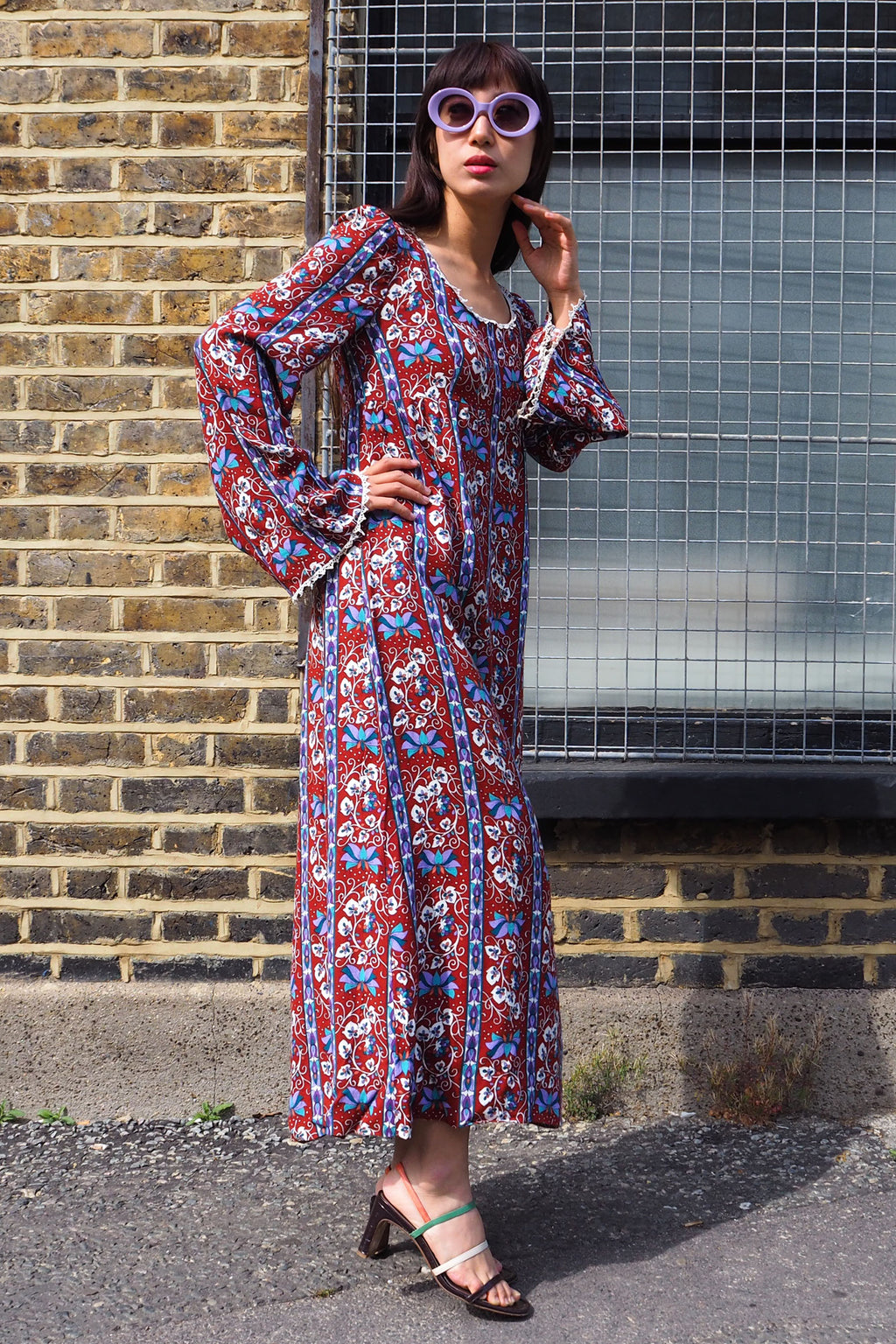 70's Vintage Floral Dress Brown