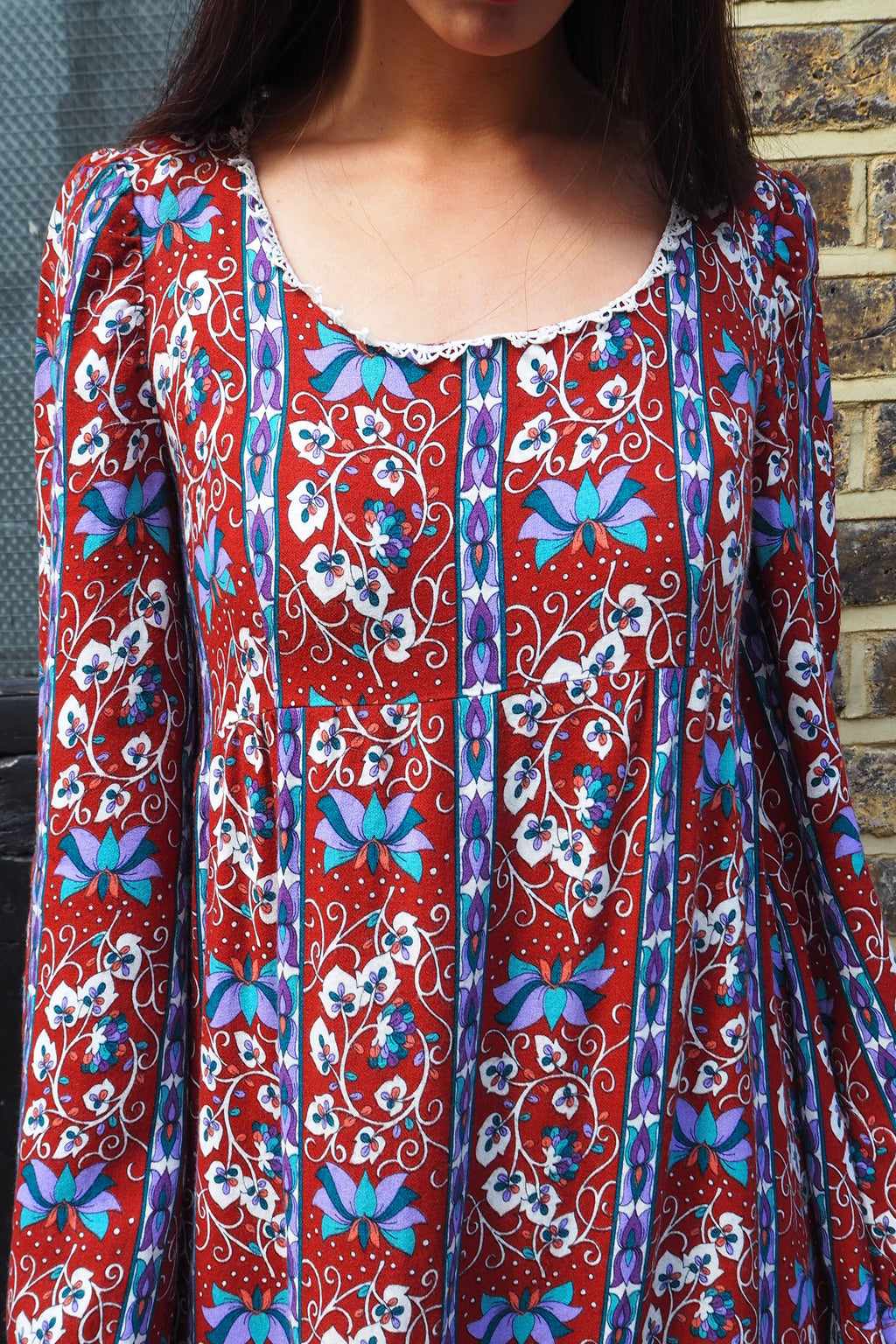 70's Vintage Floral Dress Brown