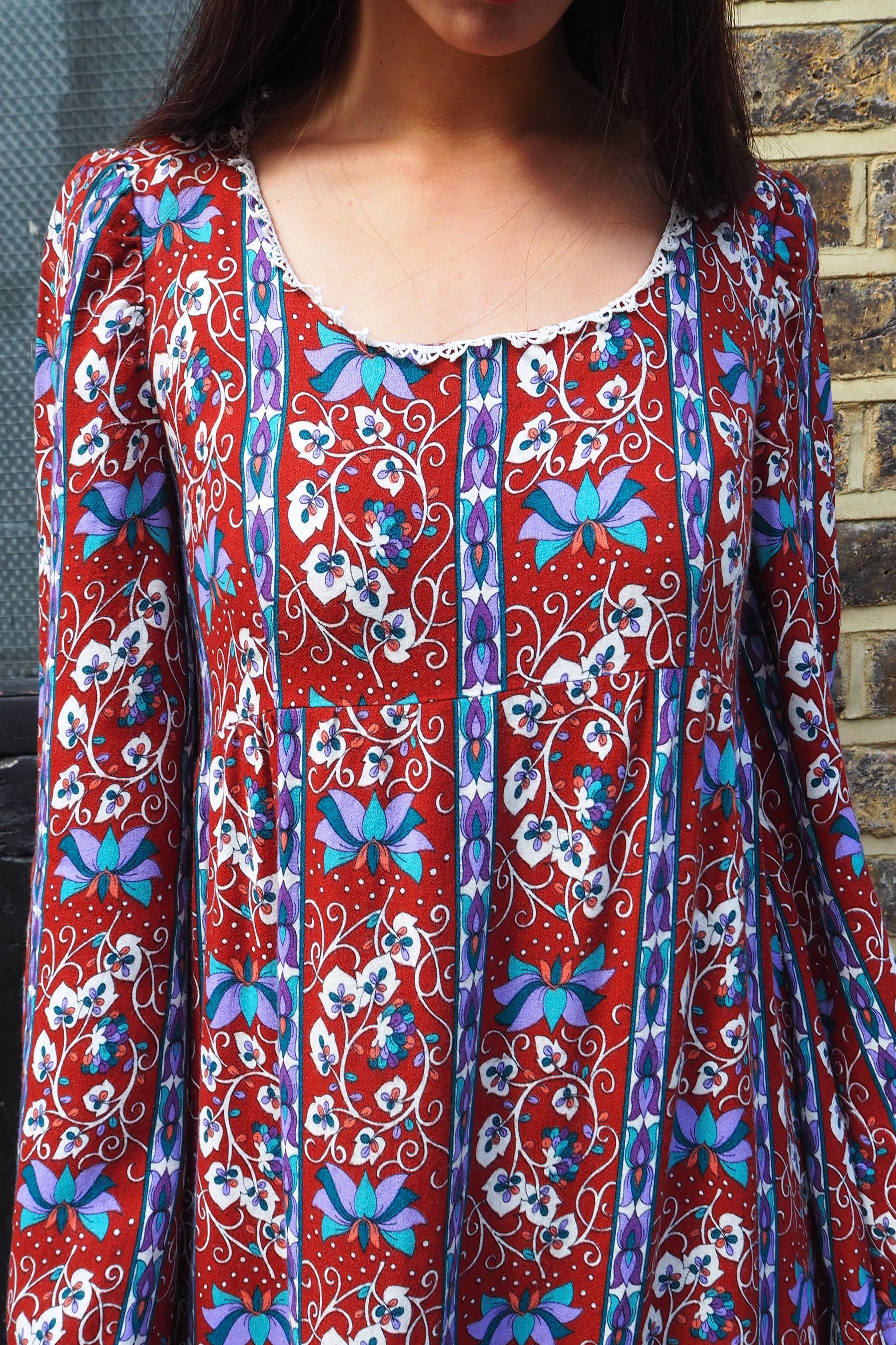 70's Vintage Floral Dress Brown