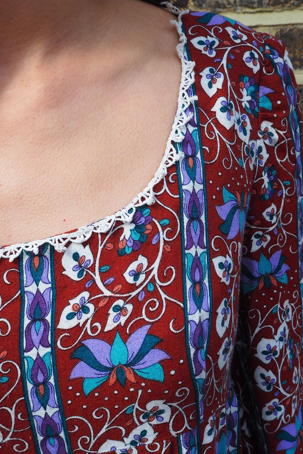 70's Vintage Floral Dress Brown