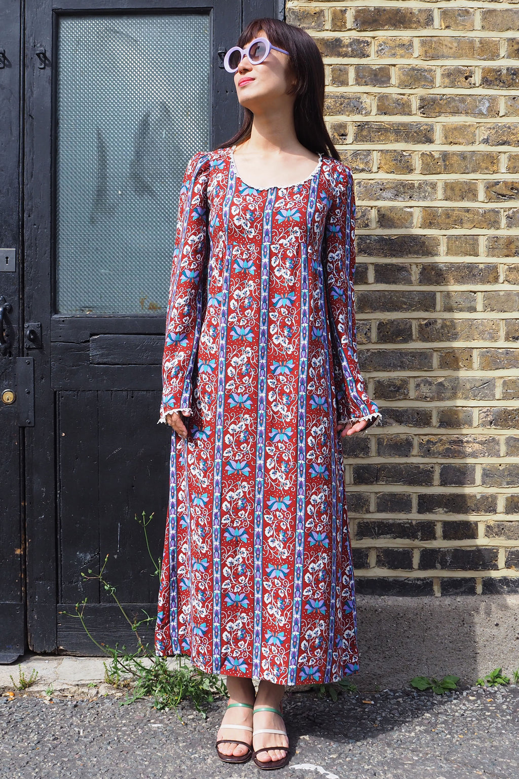 70's Vintage Floral Dress Brown