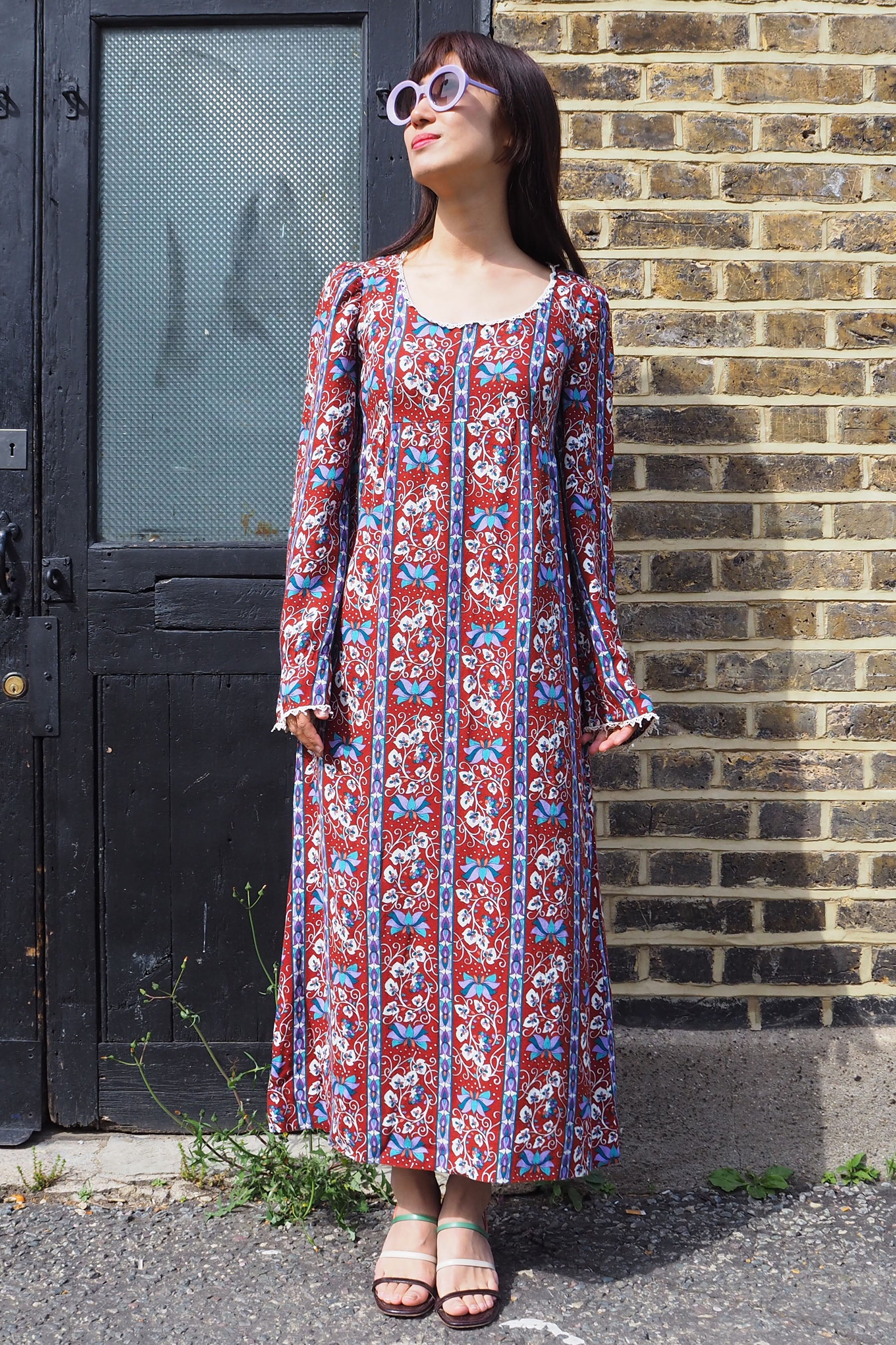 70's Vintage Floral Dress Brown