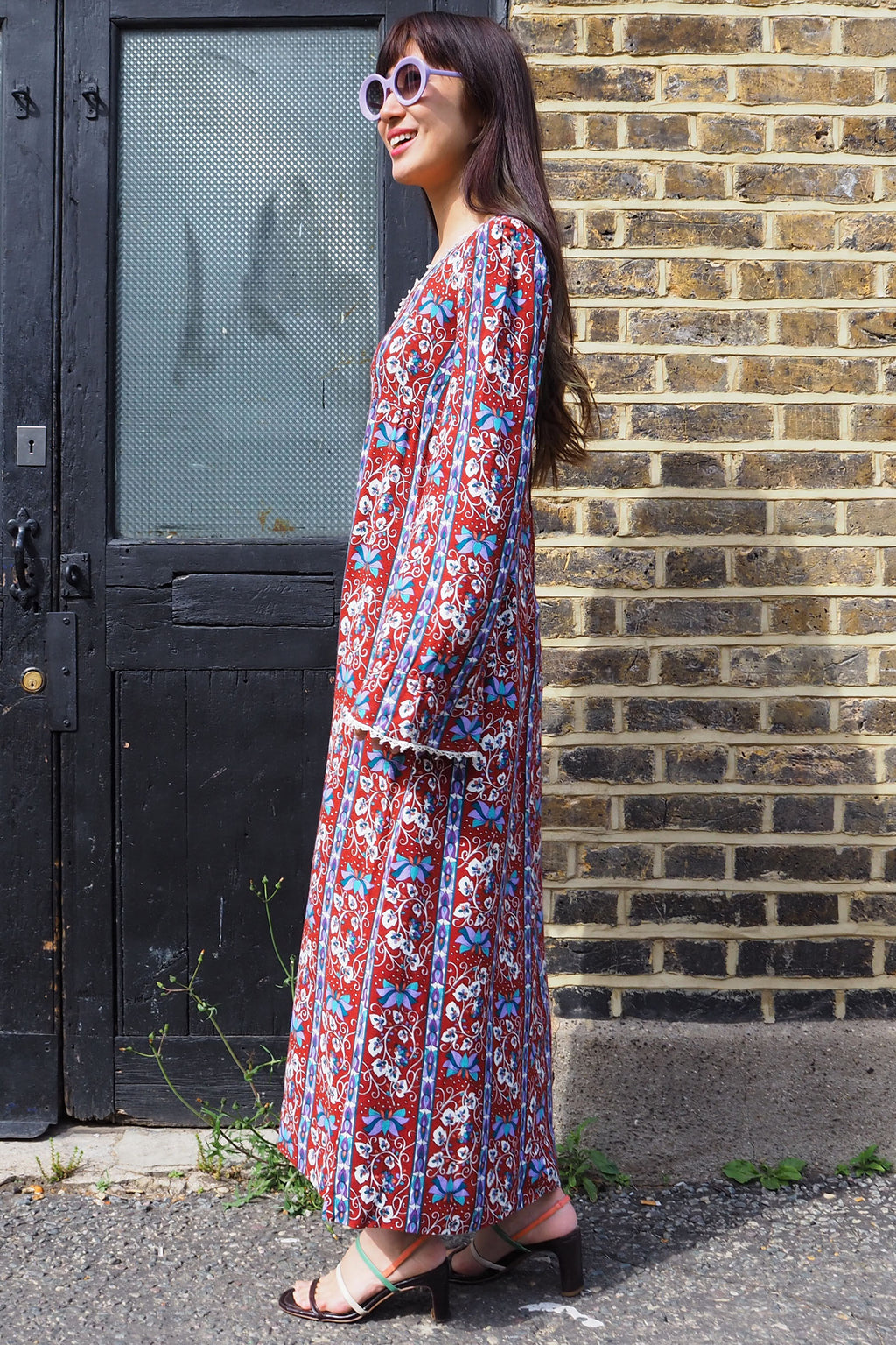 70's Vintage Floral Dress Brown