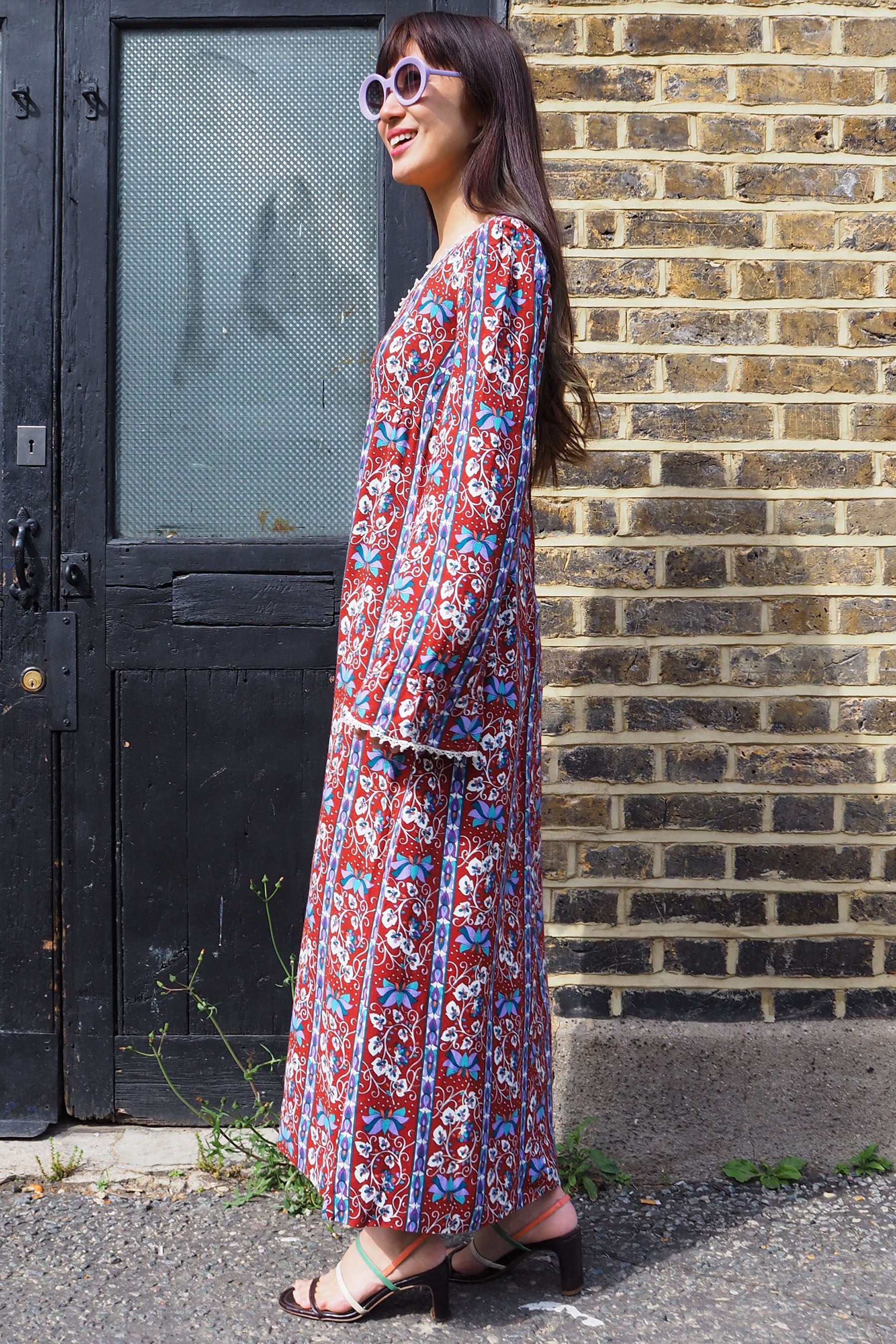 70's Vintage Floral Dress Brown