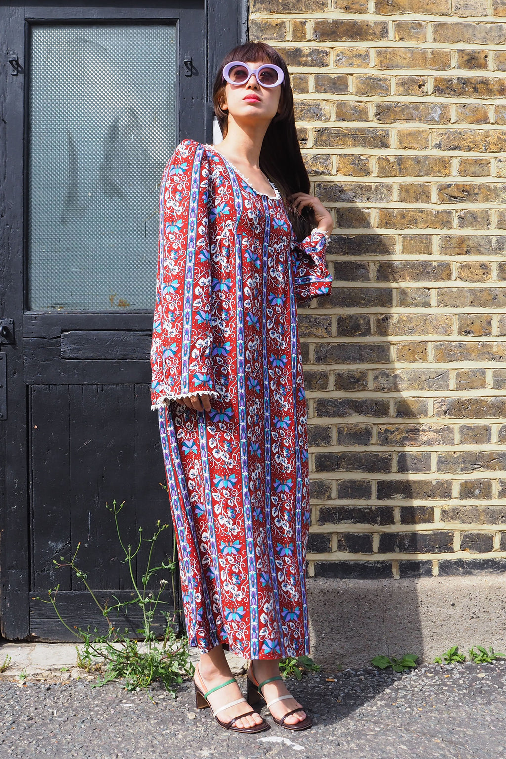 70's Vintage Floral Dress Brown