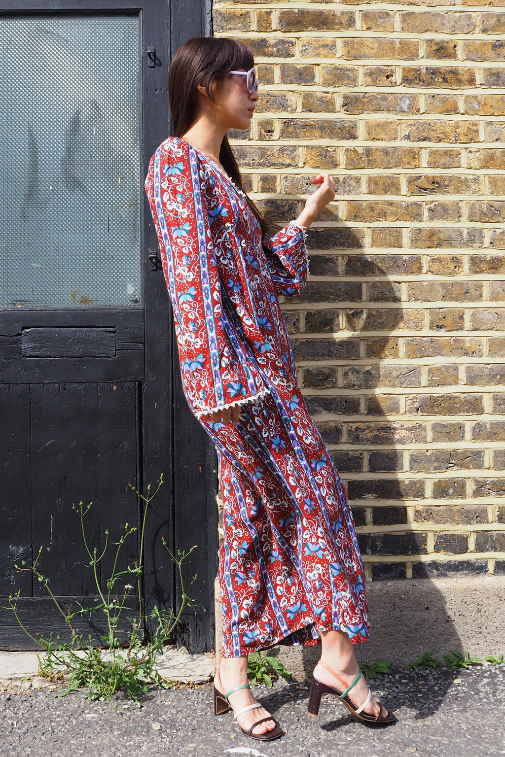 70's Vintage Floral Dress Brown
