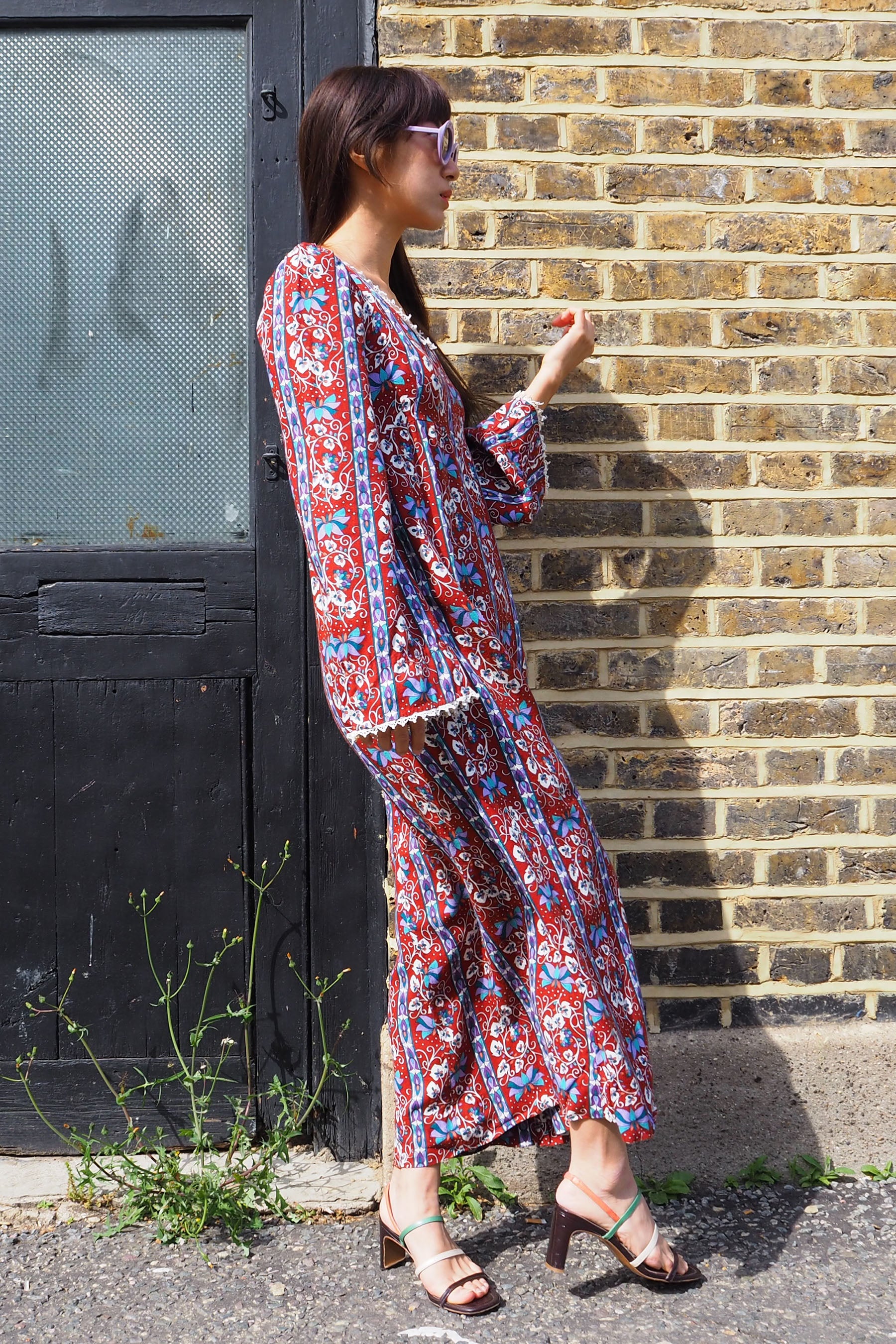 70's Vintage Floral Dress Brown