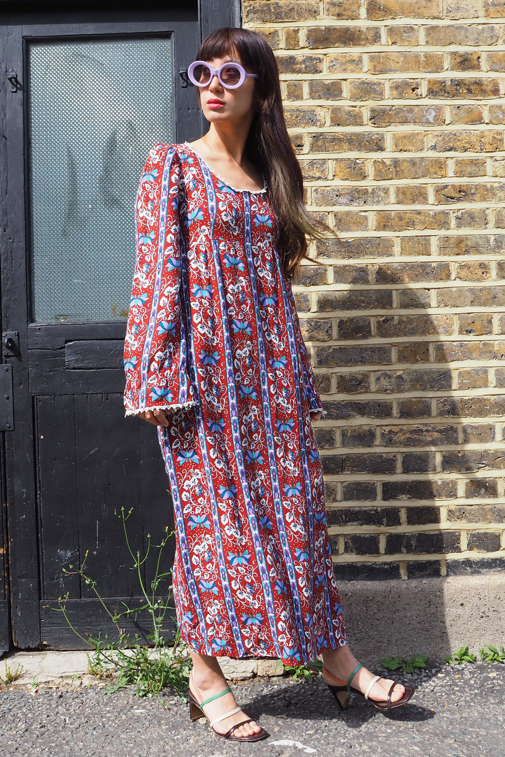 70's Vintage Floral Dress Brown