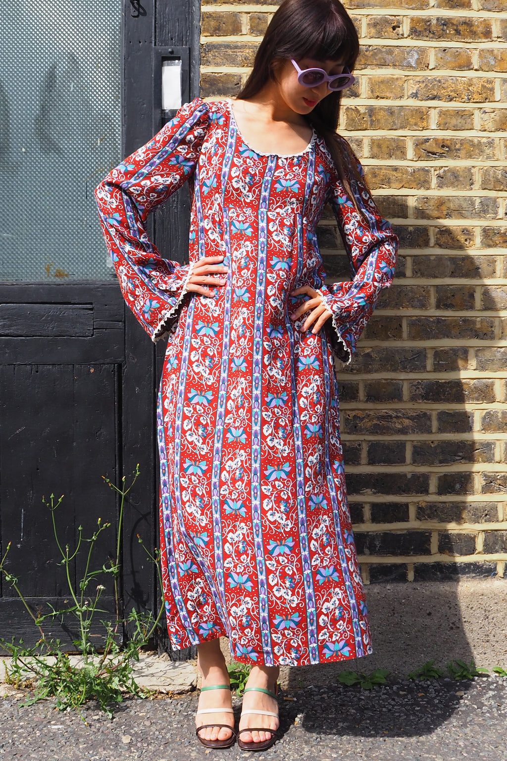 70's Vintage Floral Dress Brown