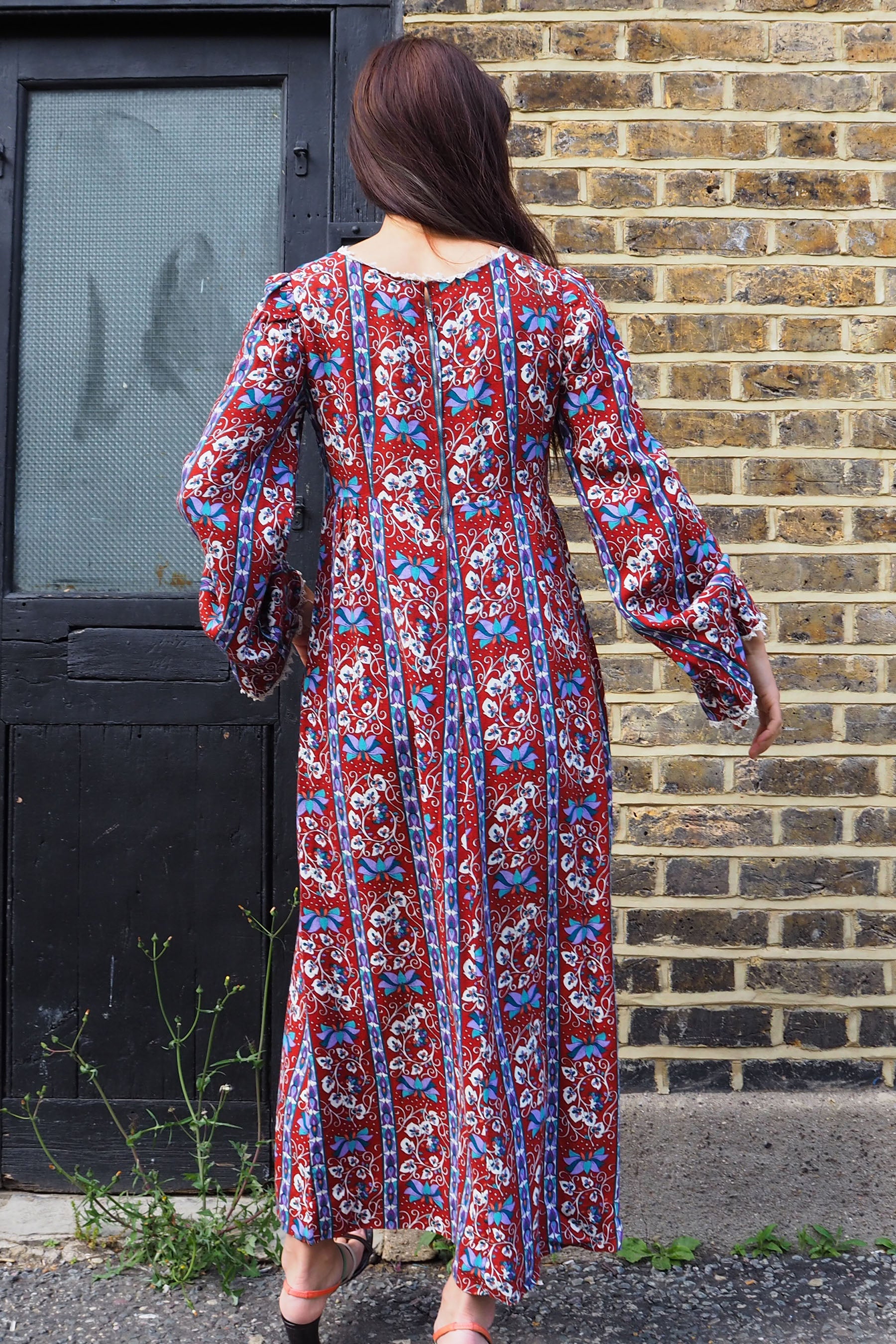 70's Vintage Floral Dress Brown