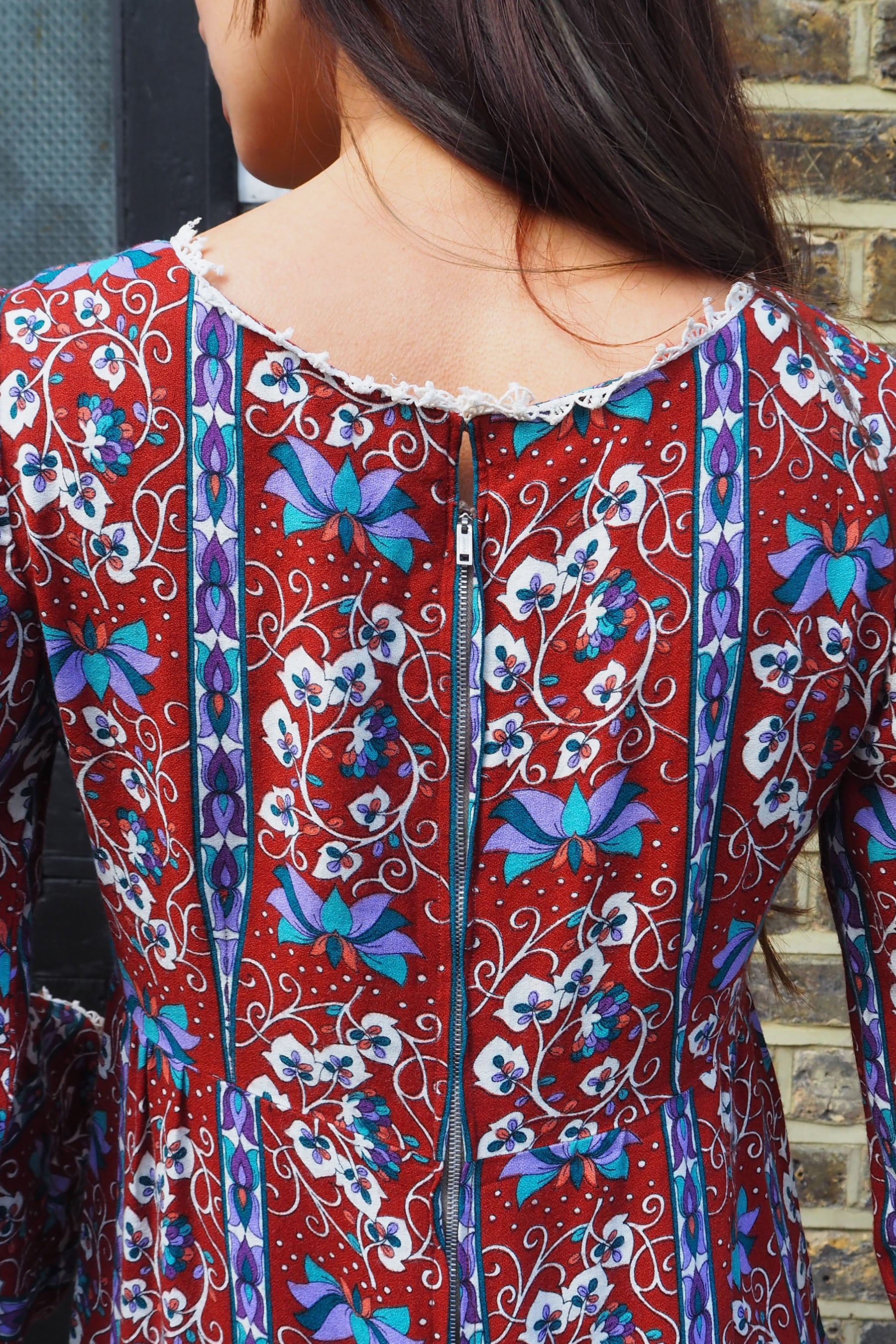 70's Vintage Floral Dress Brown