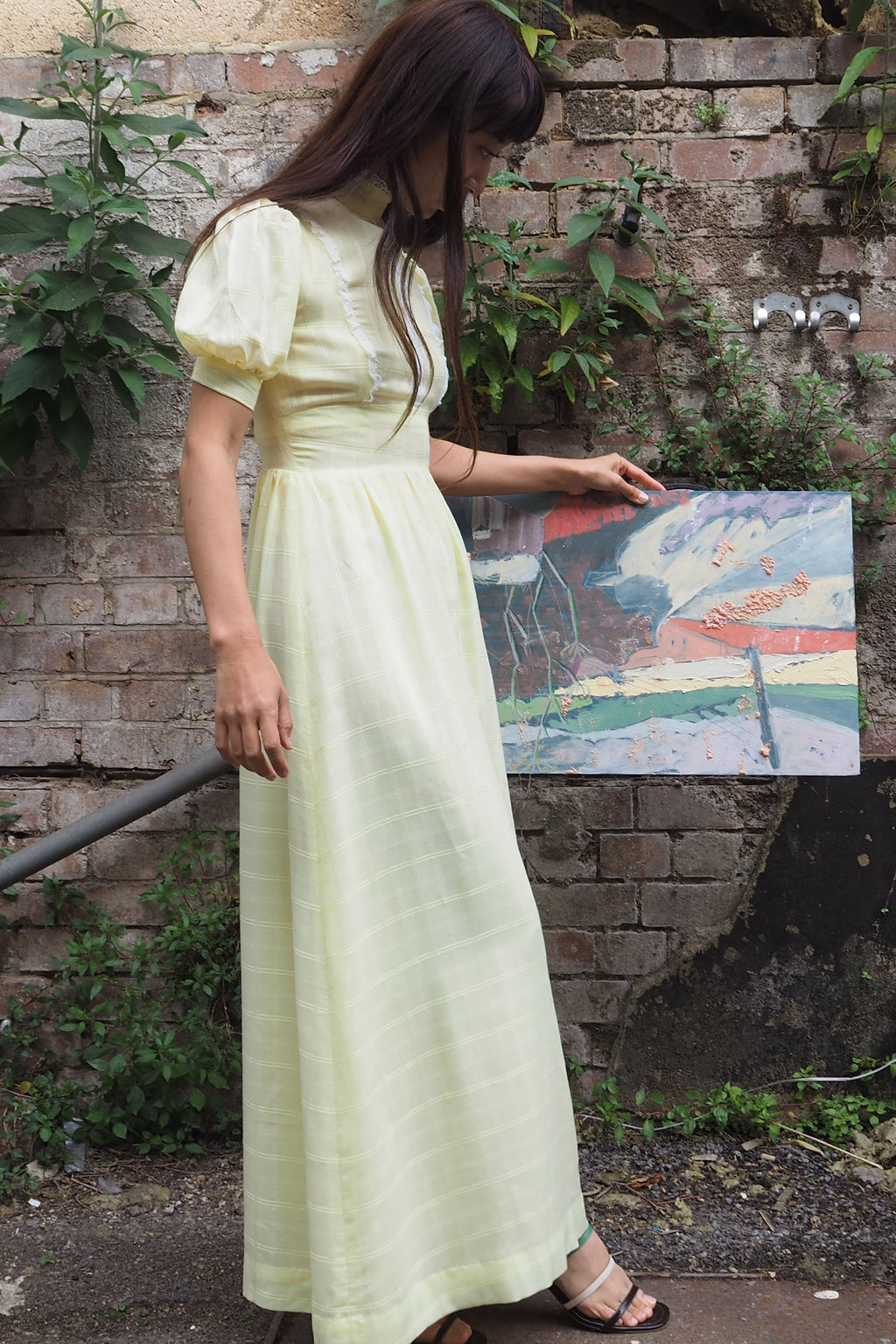 70's Checked Puff Sleeve Dress Yellow