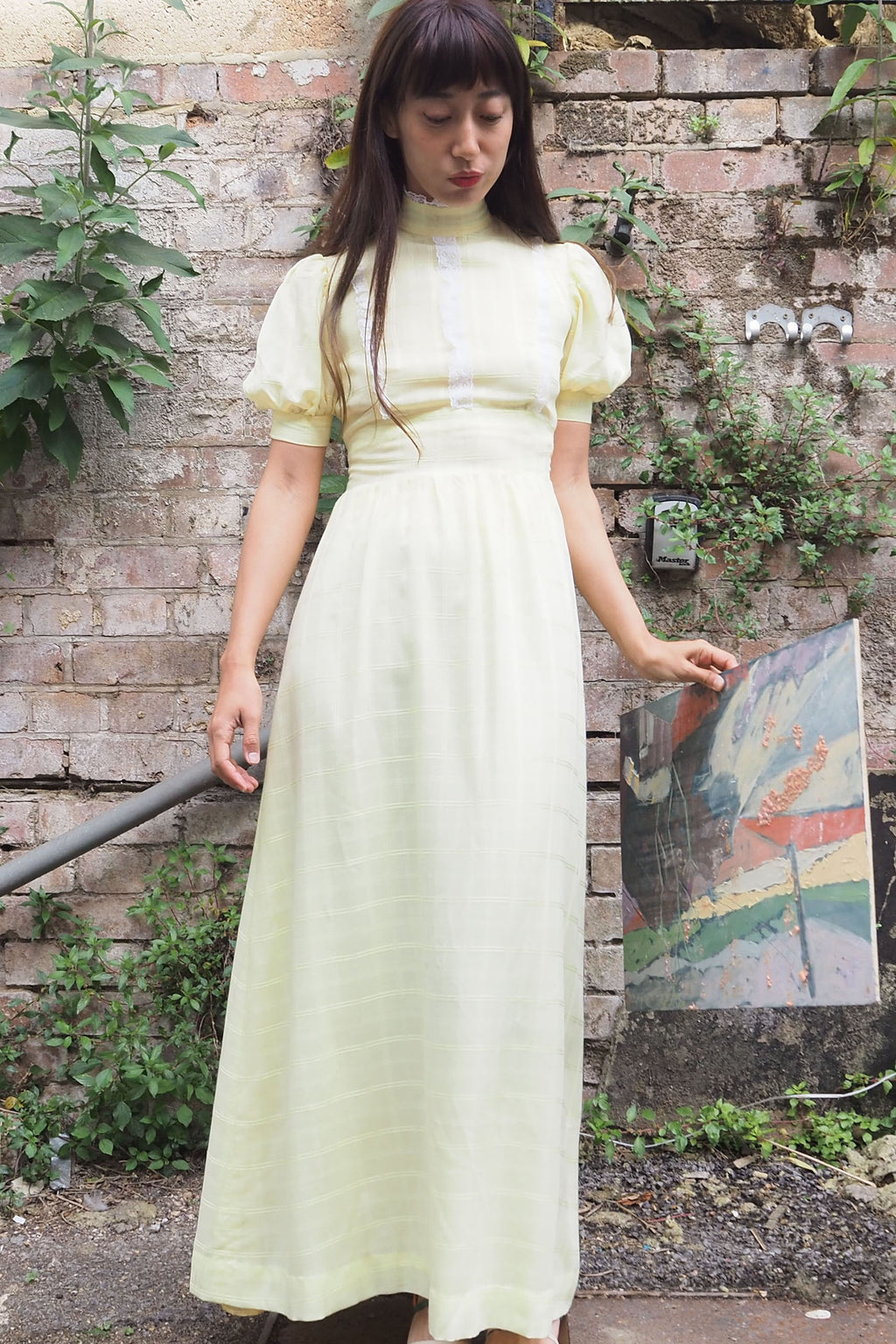 70's Checked Puff Sleeve Dress Yellow