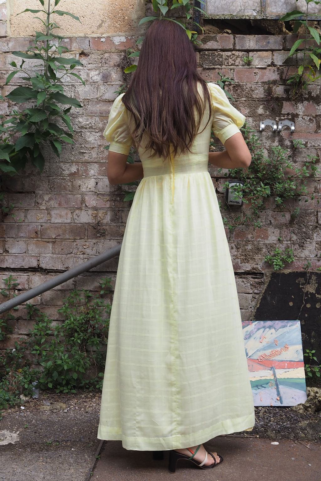 70's Checked Puff Sleeve Dress Yellow