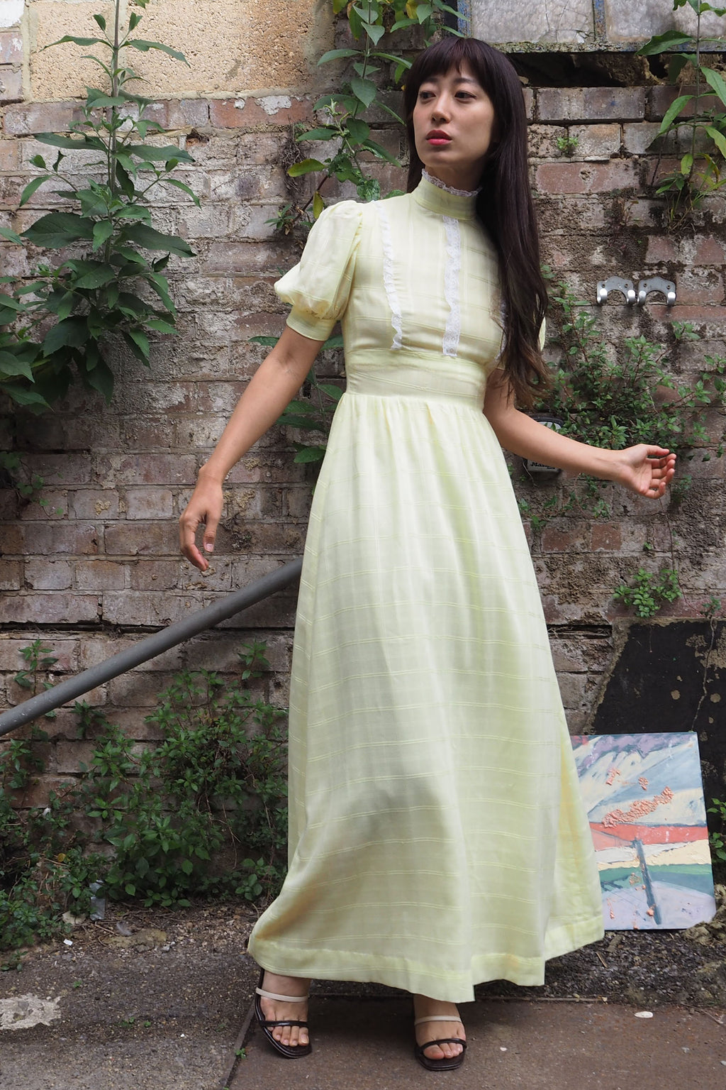 70's Checked Puff Sleeve Dress Yellow