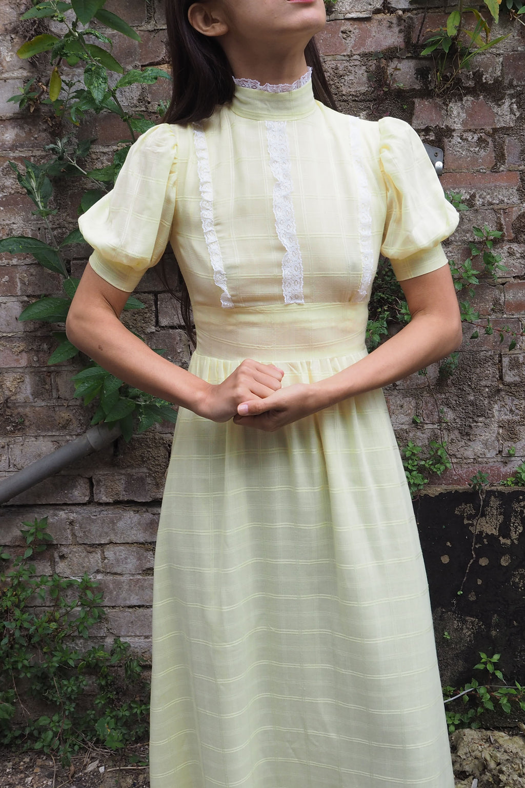 70's Checked Puff Sleeve Dress Yellow