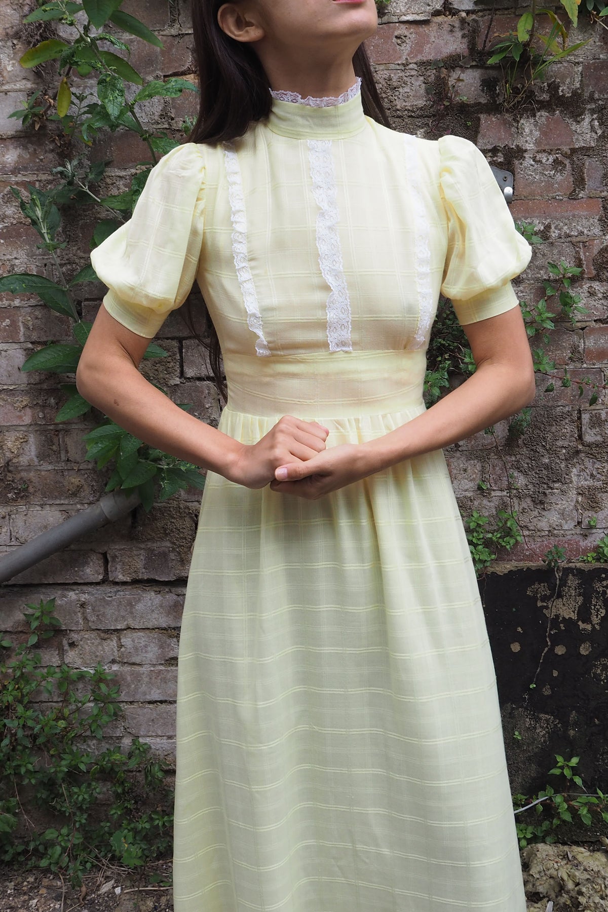 70's Checked Puff Sleeve Dress Yellow