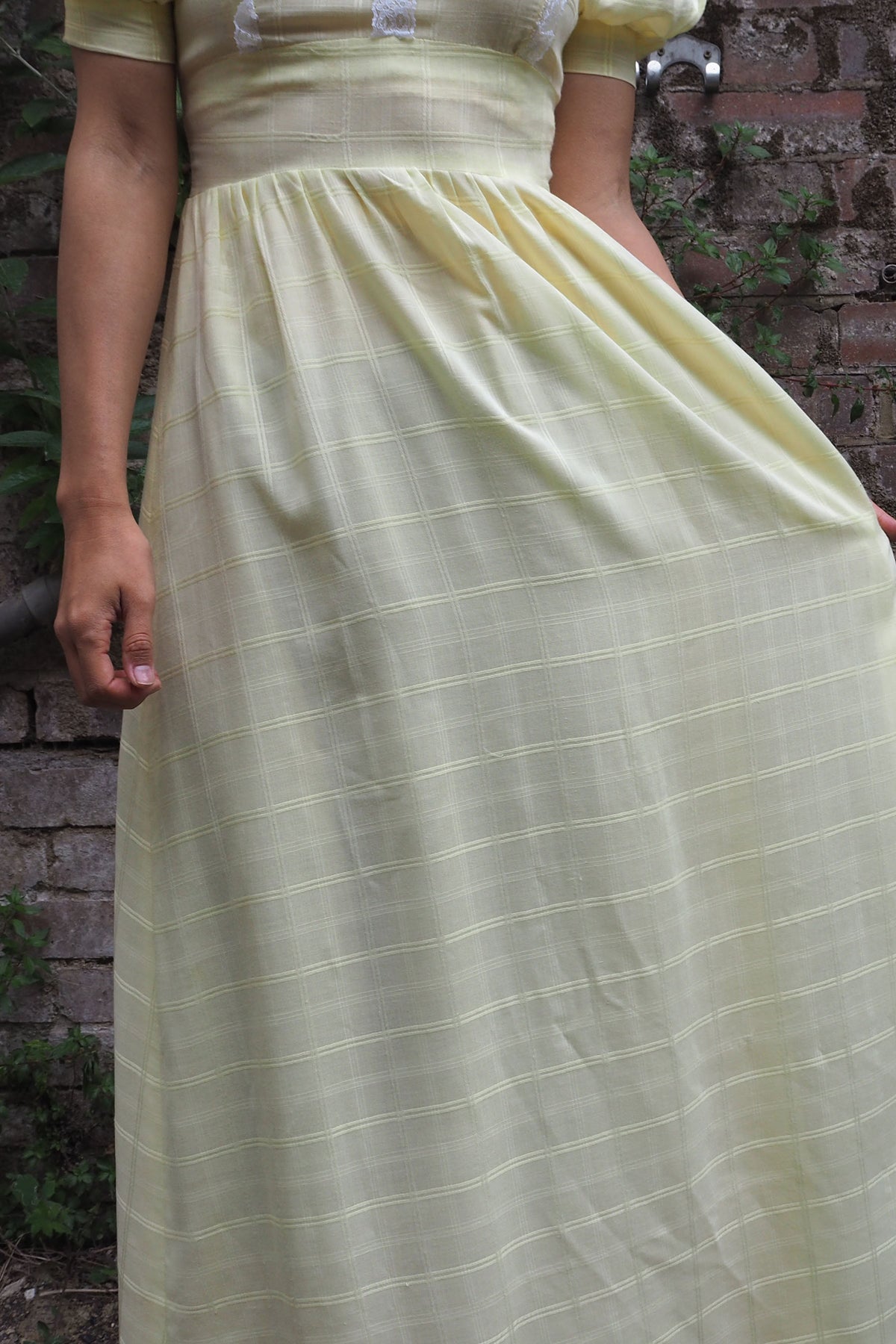 70's Checked Puff Sleeve Dress Yellow