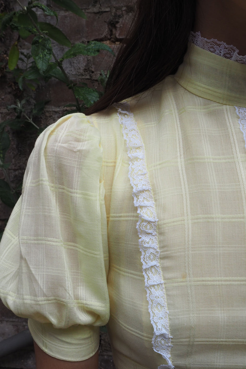 70's Checked Puff Sleeve Dress Yellow