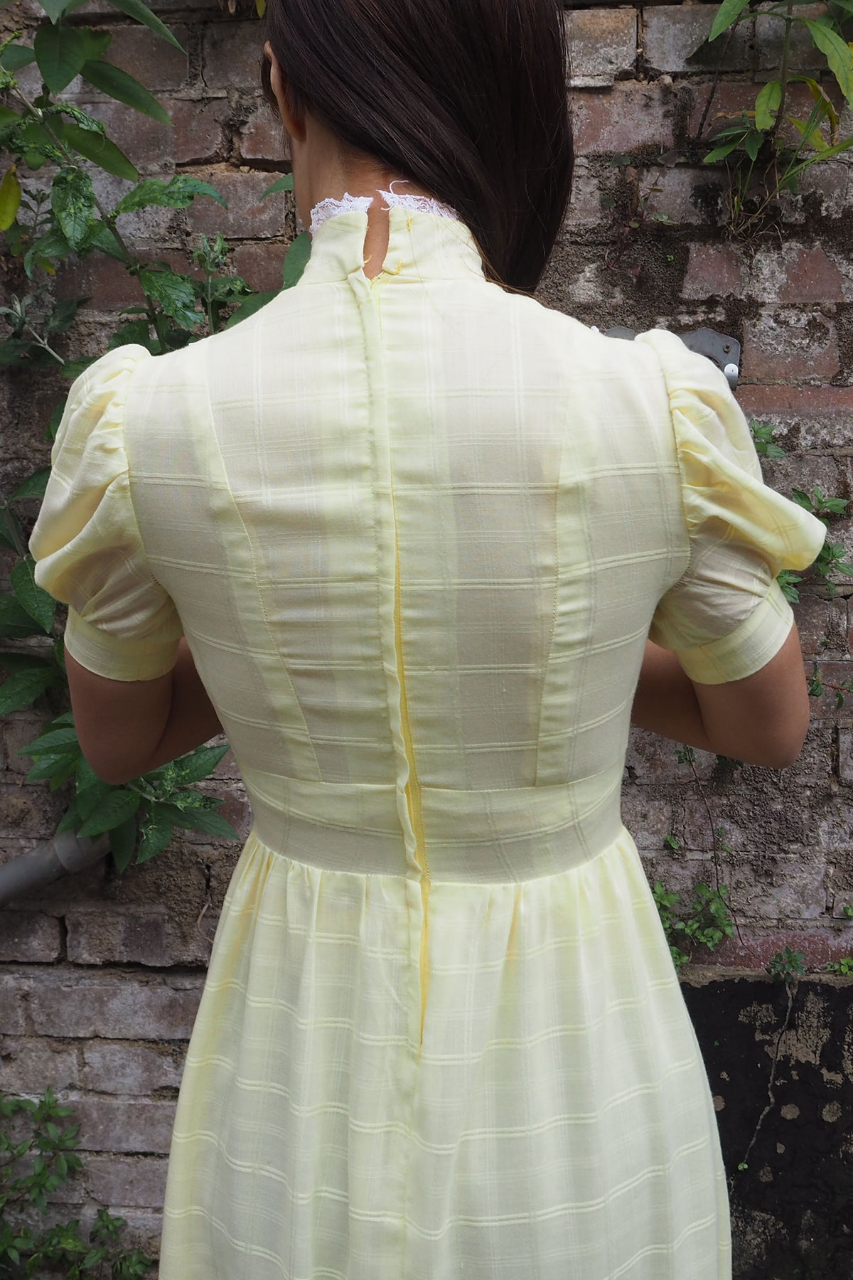 70's Checked Puff Sleeve Dress Yellow