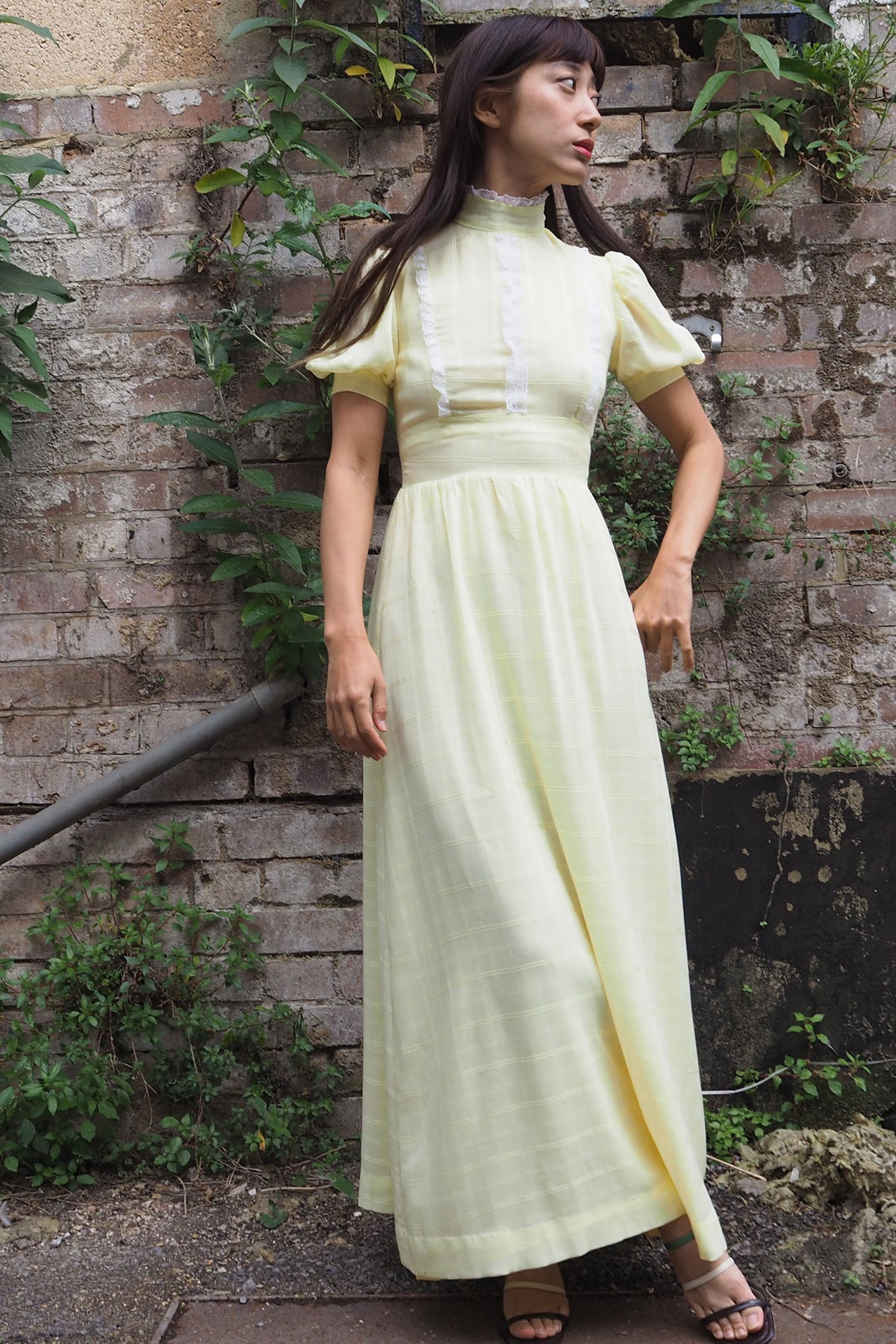 70's Checked Puff Sleeve Dress Yellow