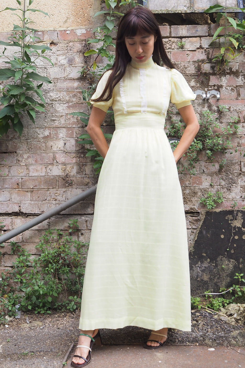 70's Checked Puff Sleeve Dress Yellow