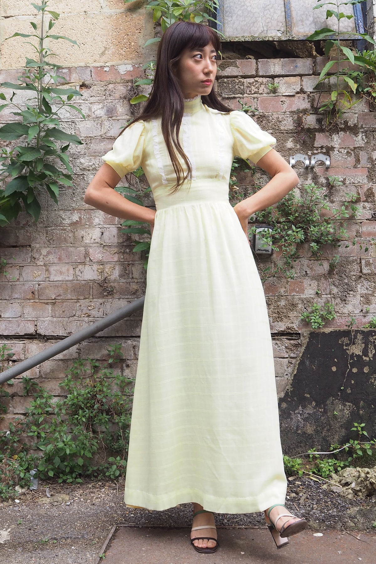 70's Checked Puff Sleeve Dress Yellow