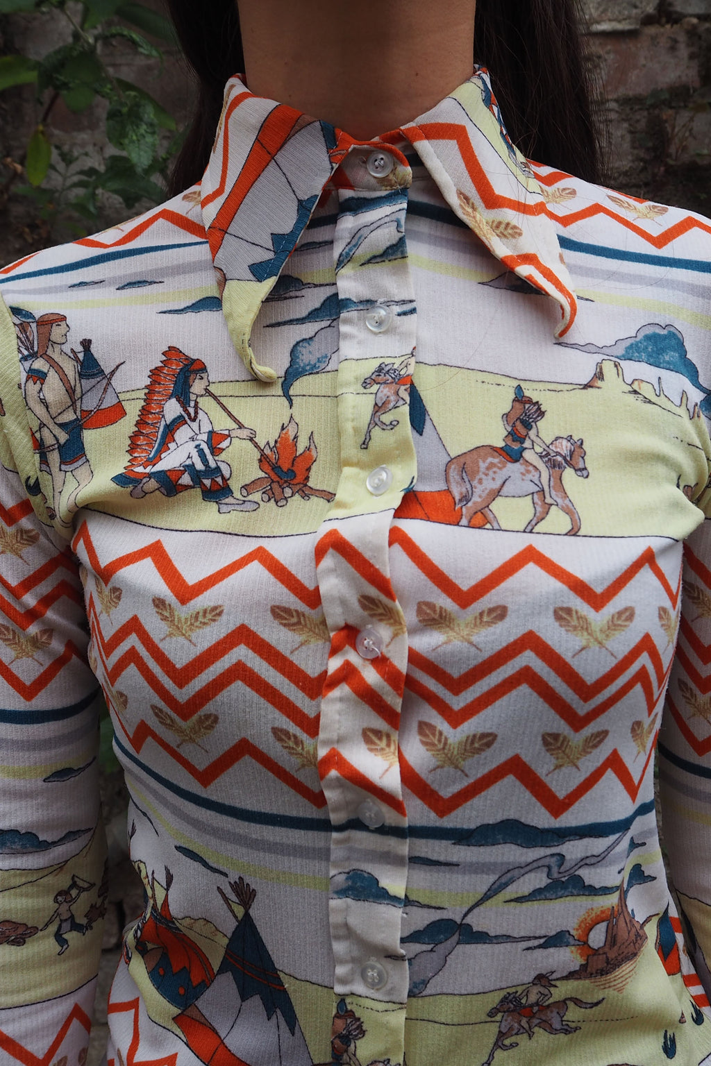 70's C&A Indian Pattern Shirt White/Yellow