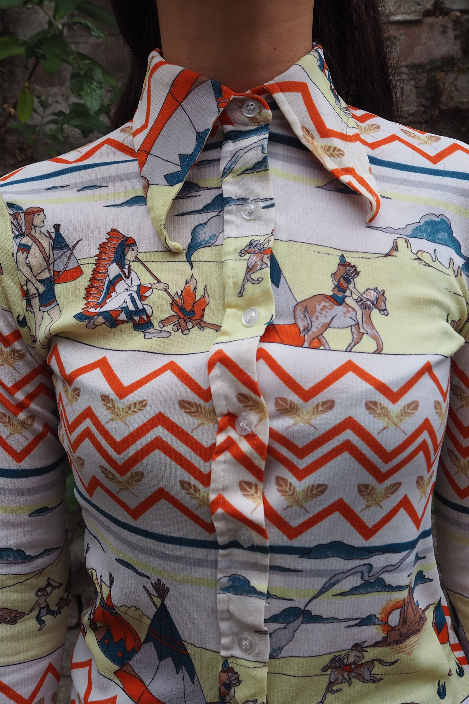 70's C&A Indian Pattern Shirt White/Yellow