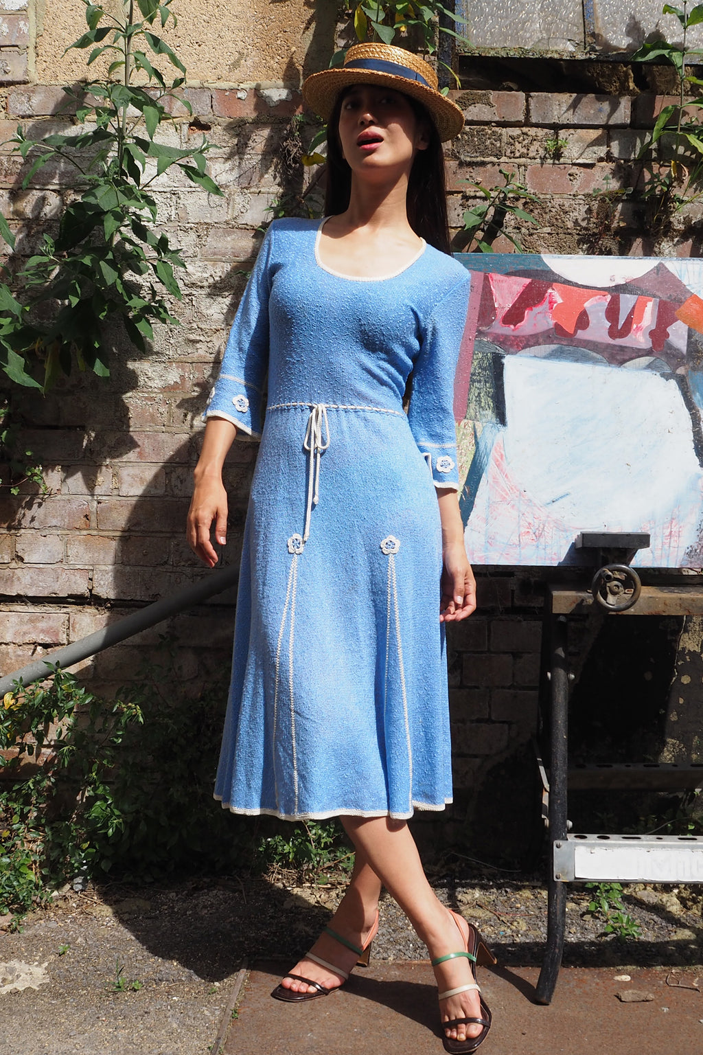 70's Mary Ruane london Embroidered Knit Dress Light Blue