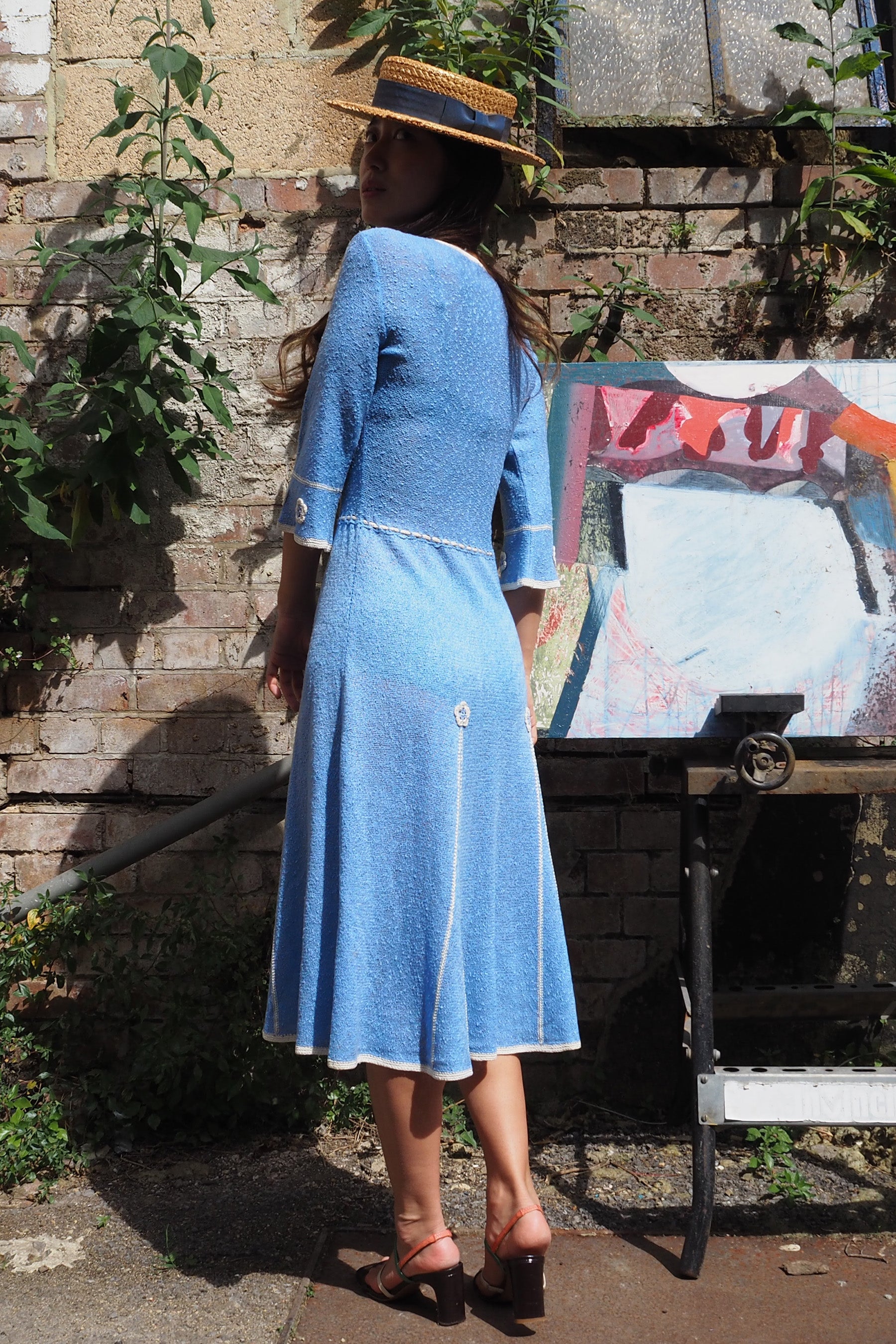 70's Mary Ruane london Embroidered Knit Dress Light Blue