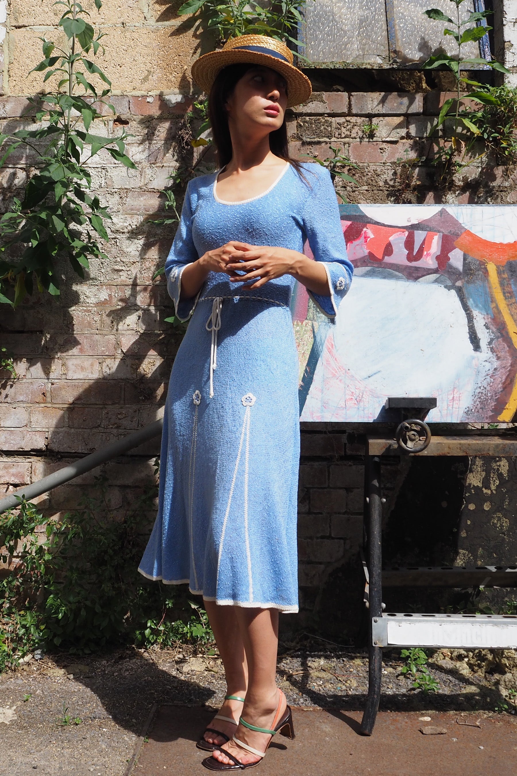 70's Mary Ruane london Embroidered Knit Dress Light Blue