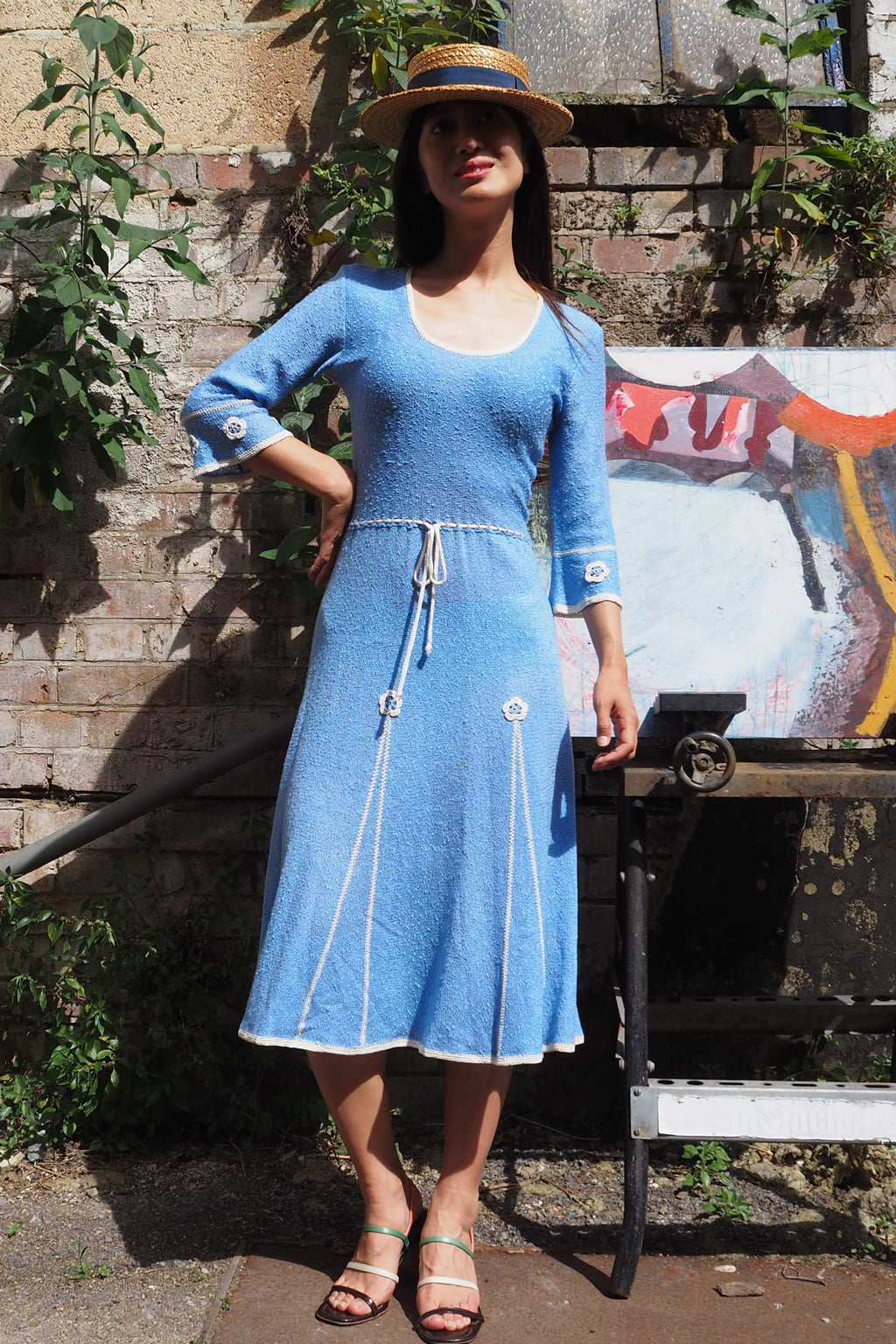70's Mary Ruane london Embroidered Knit Dress Light Blue