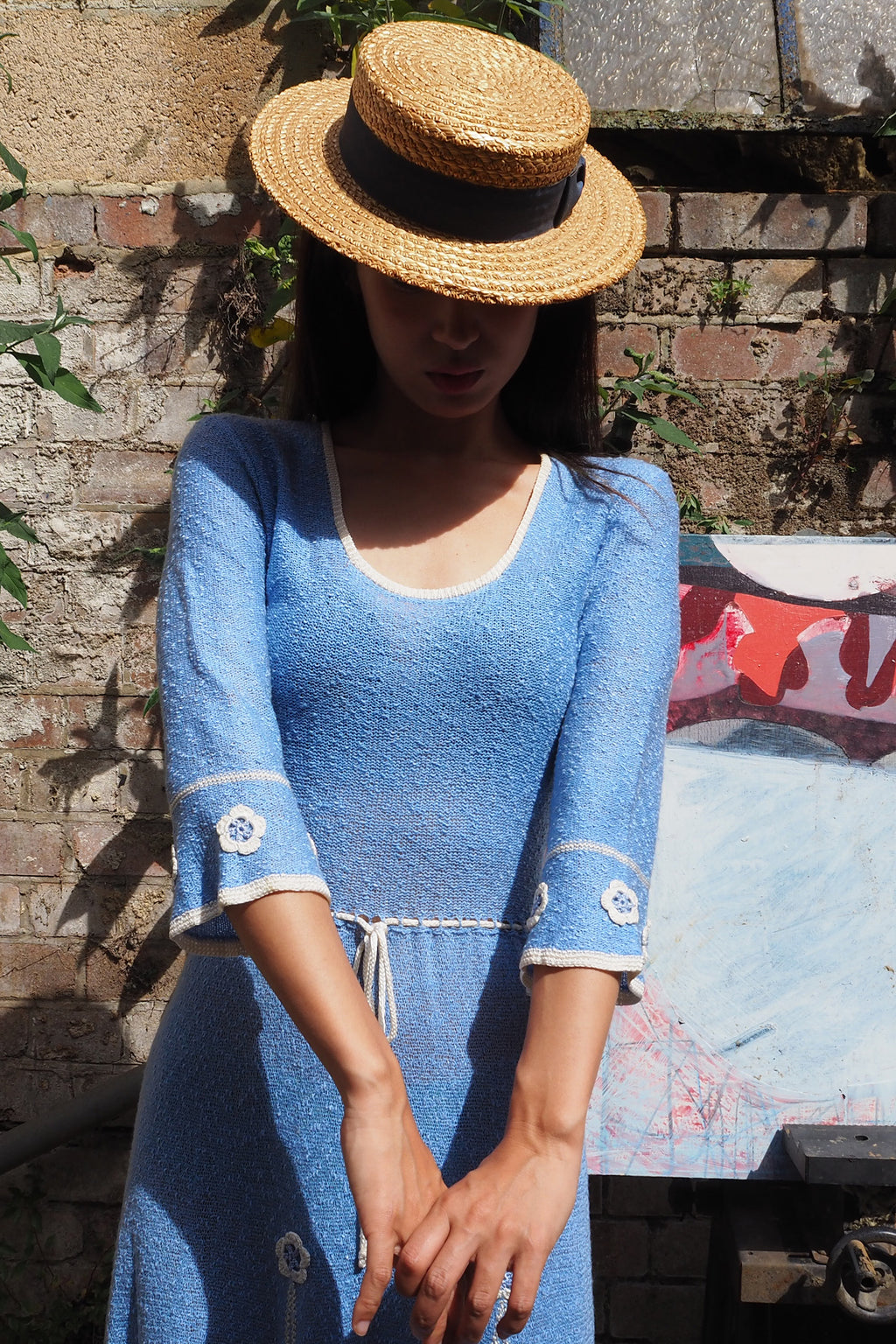 70's Mary Ruane london Embroidered Knit Dress Light Blue