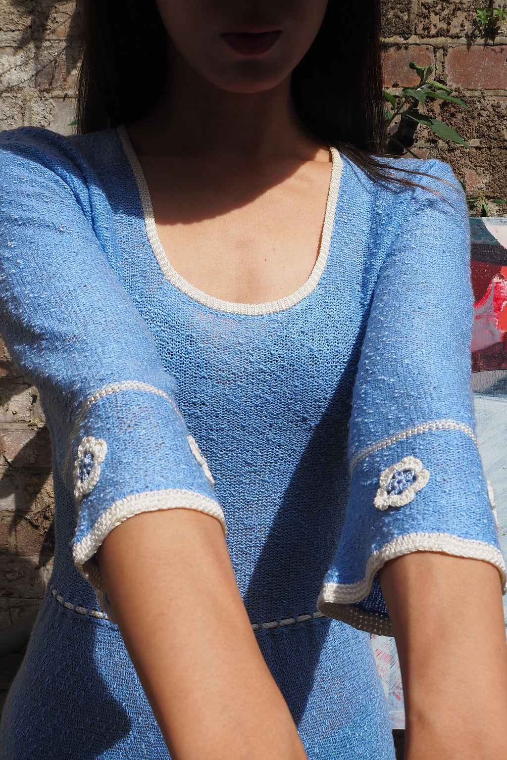 70's Mary Ruane london Embroidered Knit Dress Light Blue
