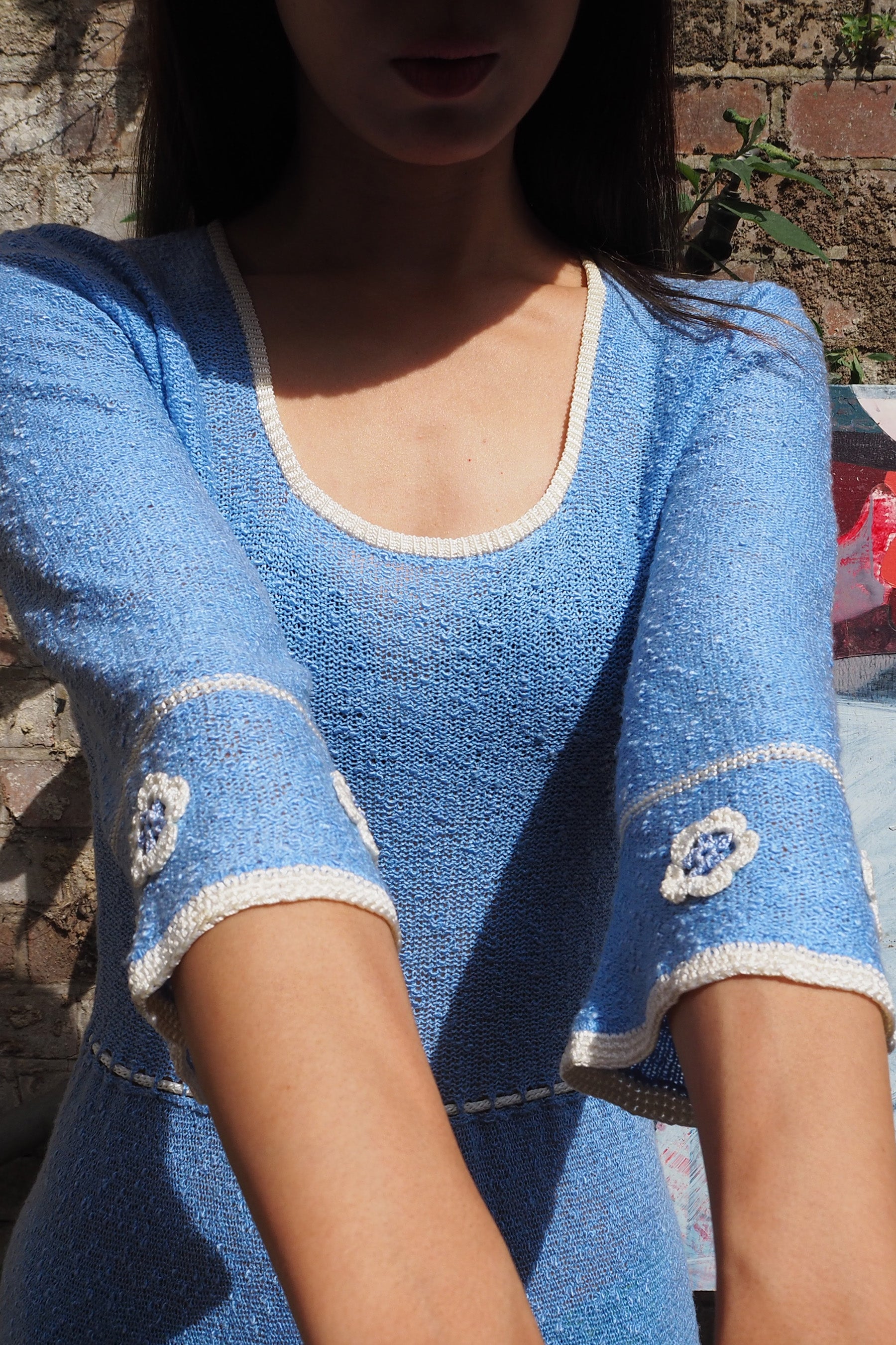 70's Mary Ruane london Embroidered Knit Dress Light Blue