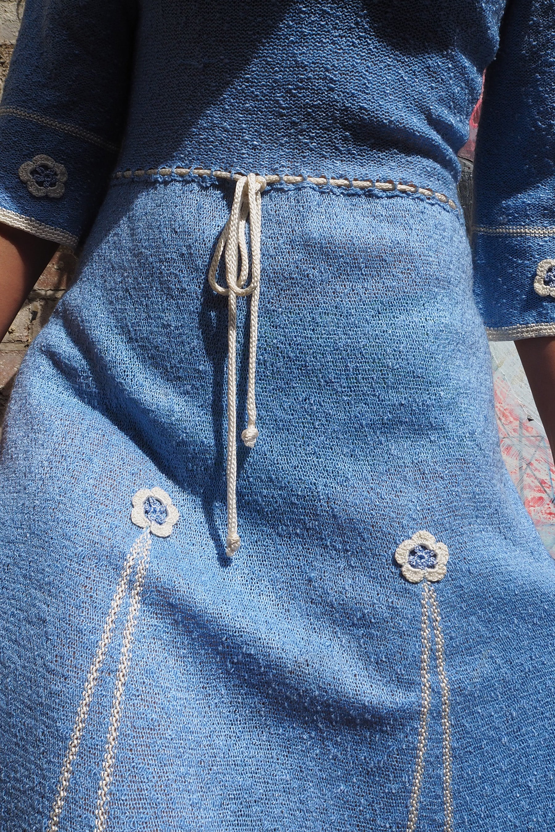 70's Mary Ruane london Embroidered Knit Dress Light Blue