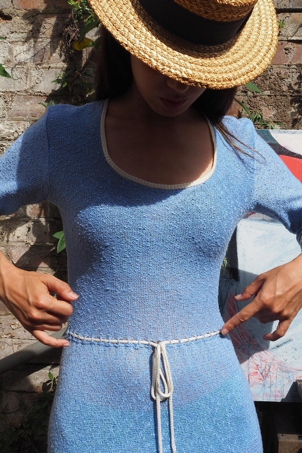 70's Mary Ruane london Embroidered Knit Dress Light Blue
