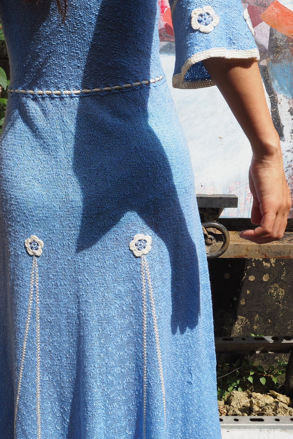 70's Mary Ruane london Embroidered Knit Dress Light Blue