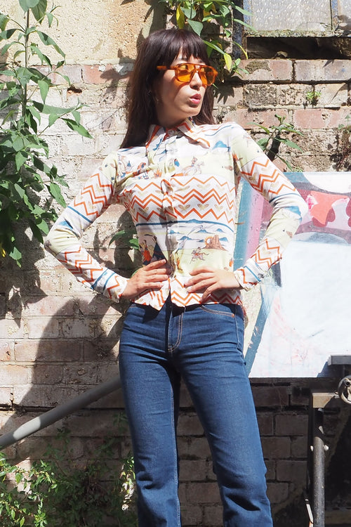 70's C&A Indian Pattern Shirt White/Yellow