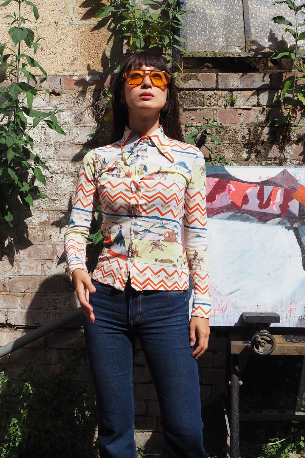 70's C&A Indian Pattern Shirt White/Yellow