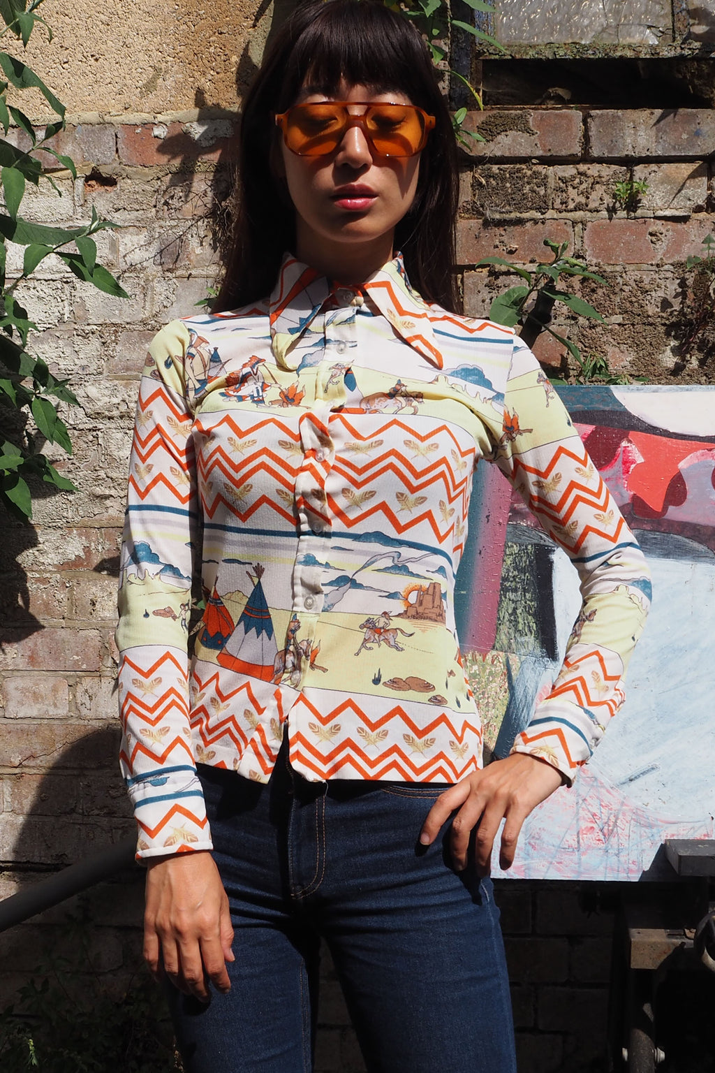70's C&A Indian Pattern Shirt White/Yellow
