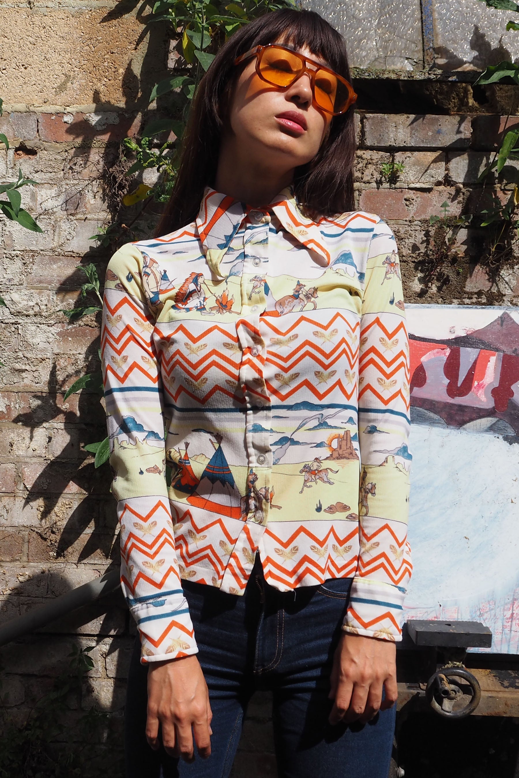 70's C&A Indian Pattern Shirt White/Yellow