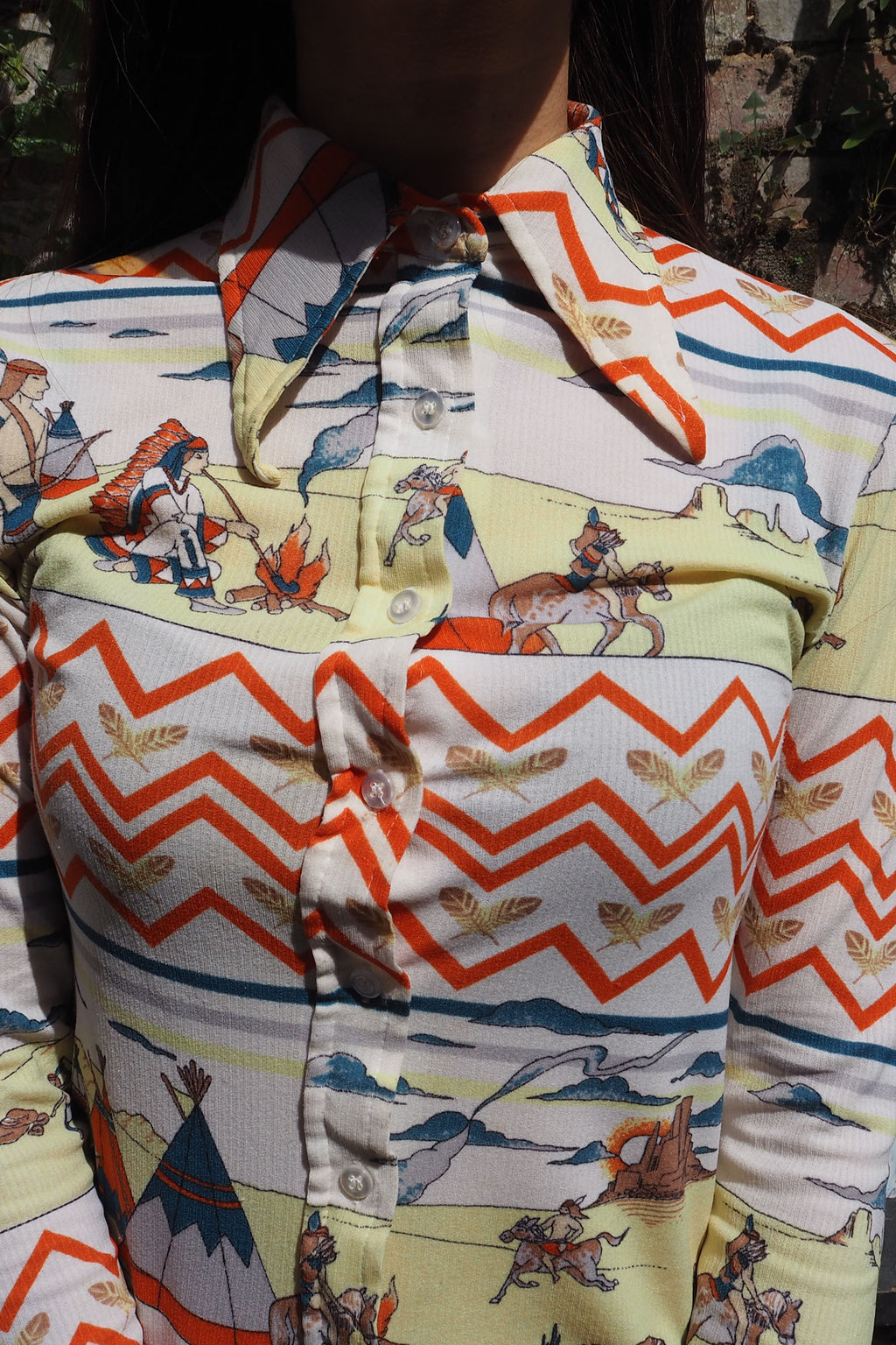 70's C&A Indian Pattern Shirt White/Yellow