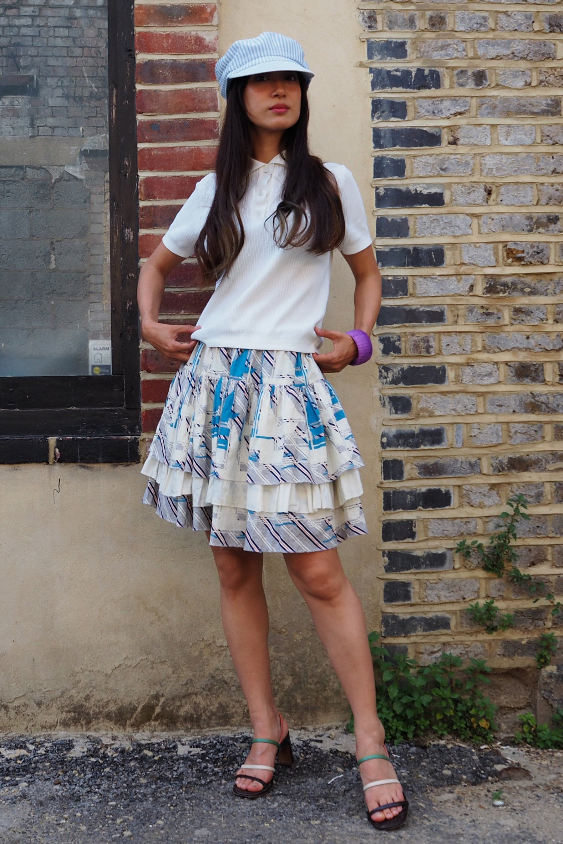 70's Vintage 3-Tier Ruffle Marine Skirt Blue/White
