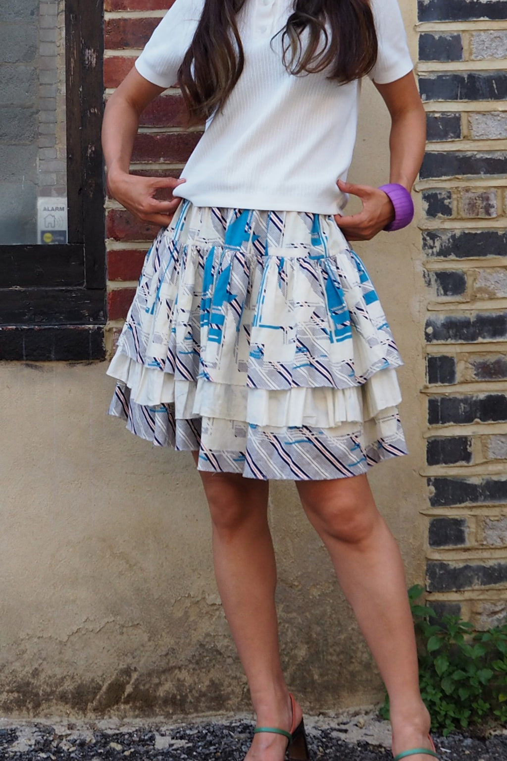 70's Vintage 3-Tier Ruffle Marine Skirt Blue/White