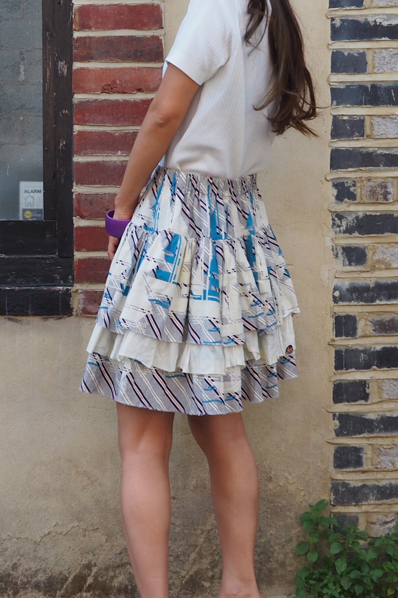 70's Vintage 3-Tier Ruffle Marine Skirt Blue/White