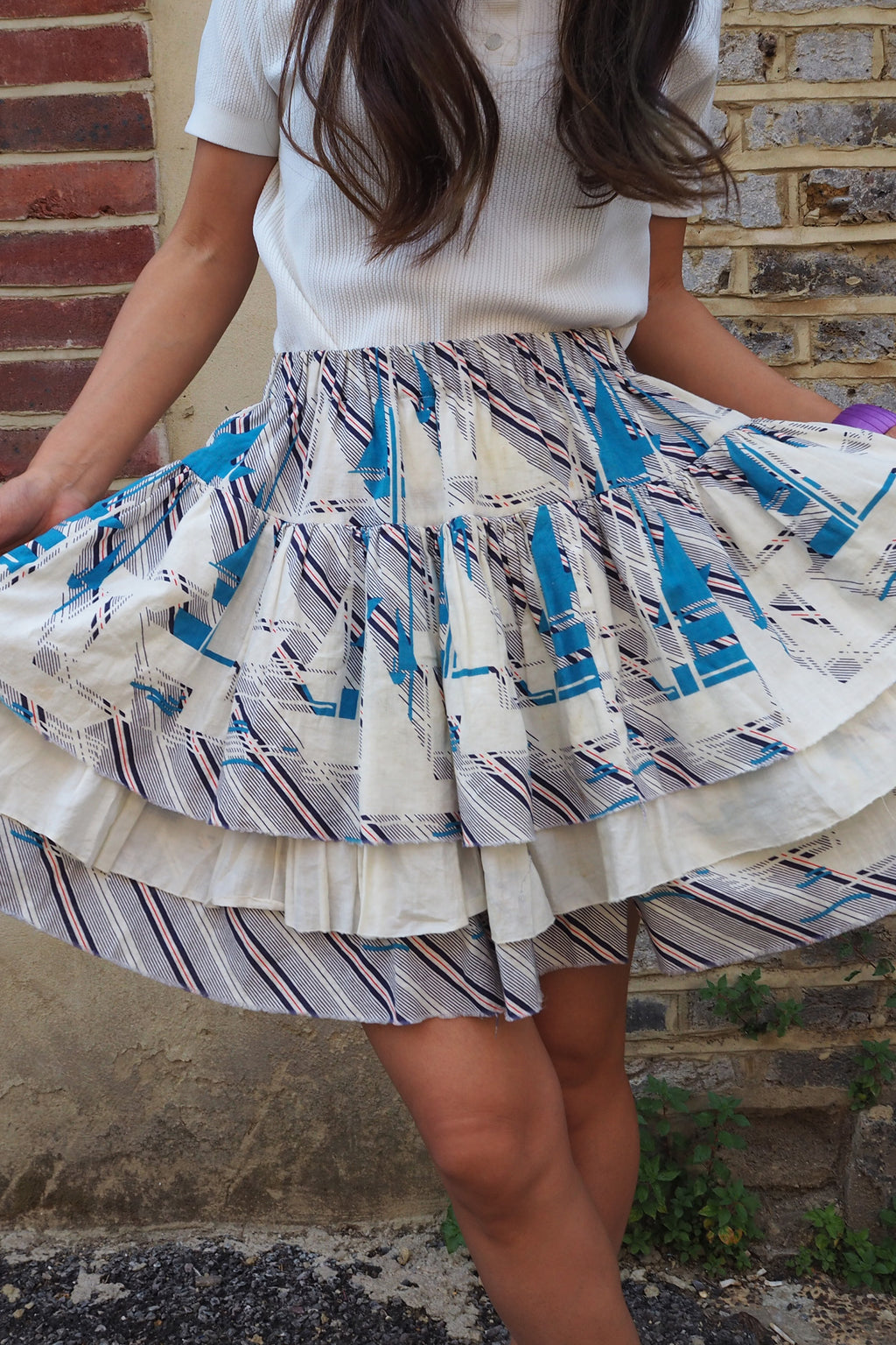 70's Vintage 3-Tier Ruffle Marine Skirt Blue/White