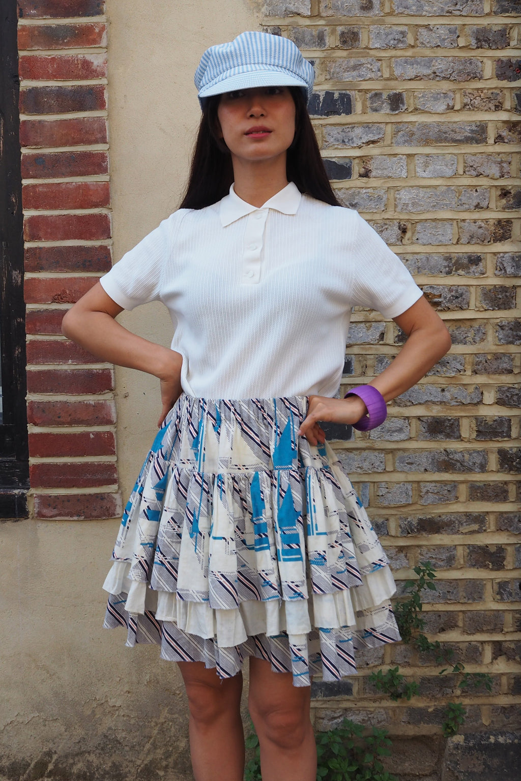 70's Vintage 3-Tier Ruffle Marine Skirt Blue/White
